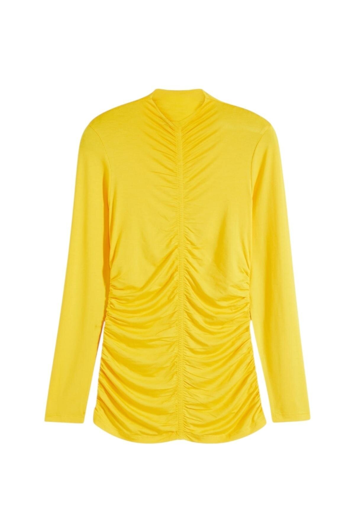 Kadın Dik Yaka Önden Büzgülü Uzun Kol Casual Viskon Spor Şık Büyük Beden Curve Bluz