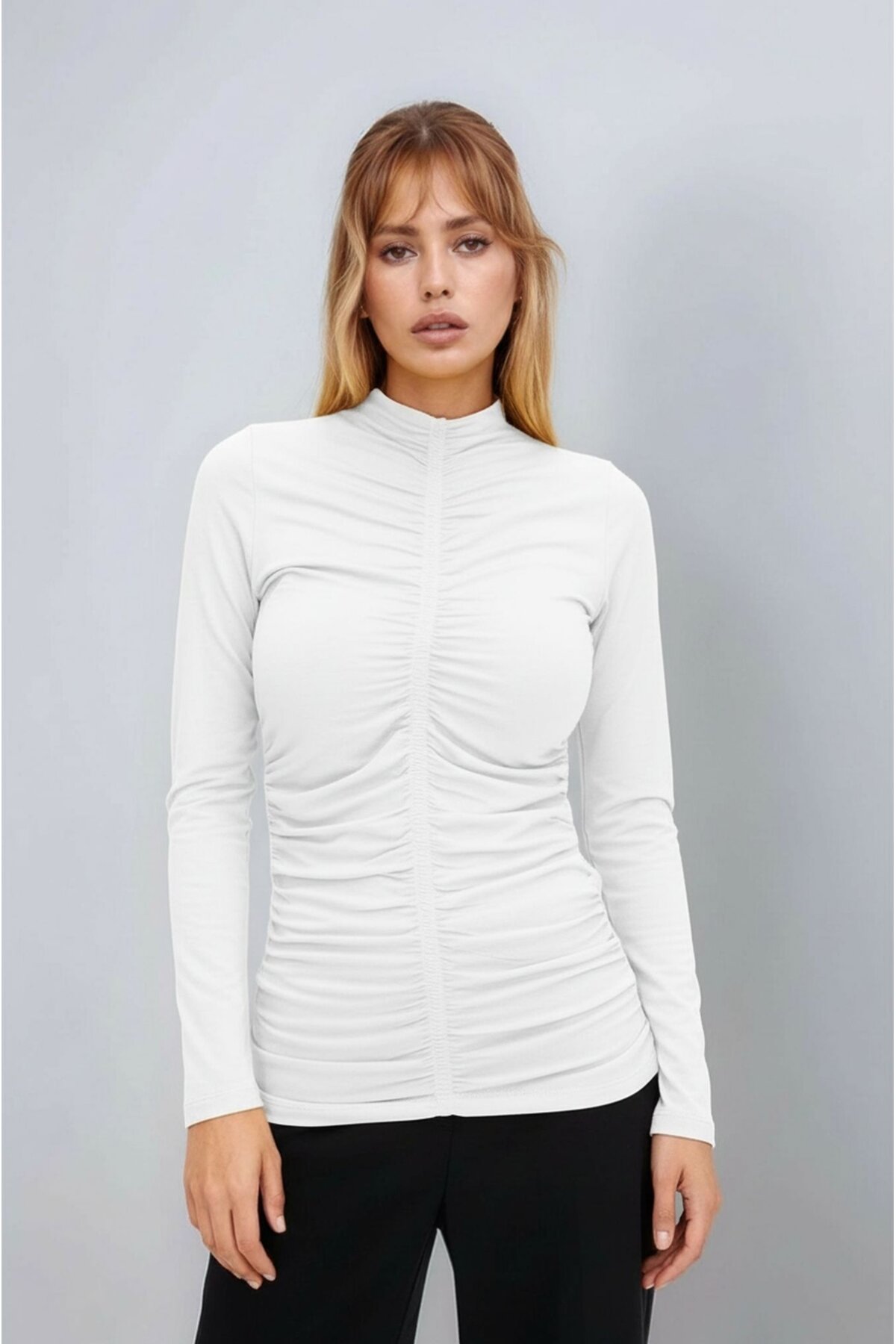 Kadın Dik Yaka Önden Büzgülü Uzun Kol Casual Viskon Spor Şık Büyük Beden Curve Bluz