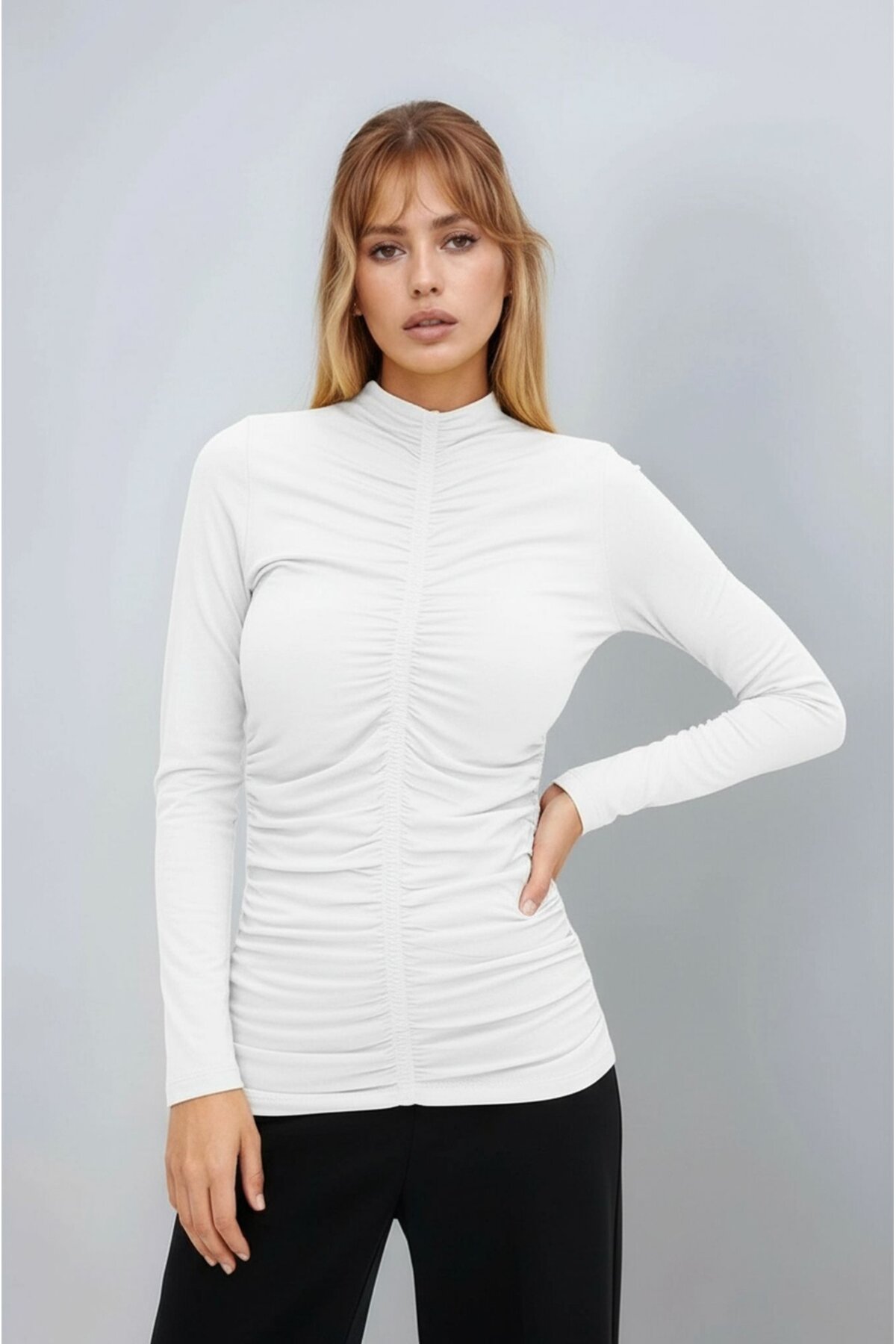 Kadın Dik Yaka Önden Büzgülü Uzun Kol Casual Viskon Spor Şık Büyük Beden Curve Bluz