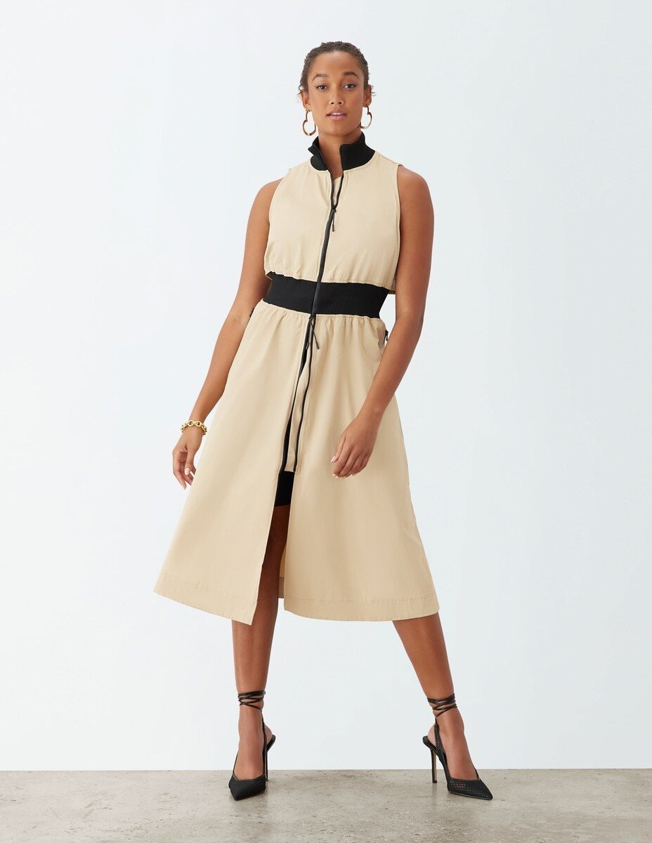 Kadın Dik Yaka Önü Fermuarlı Yırtmaçlı Baharlık Yazlık Beli Lastikli Şık Ceket Elbise