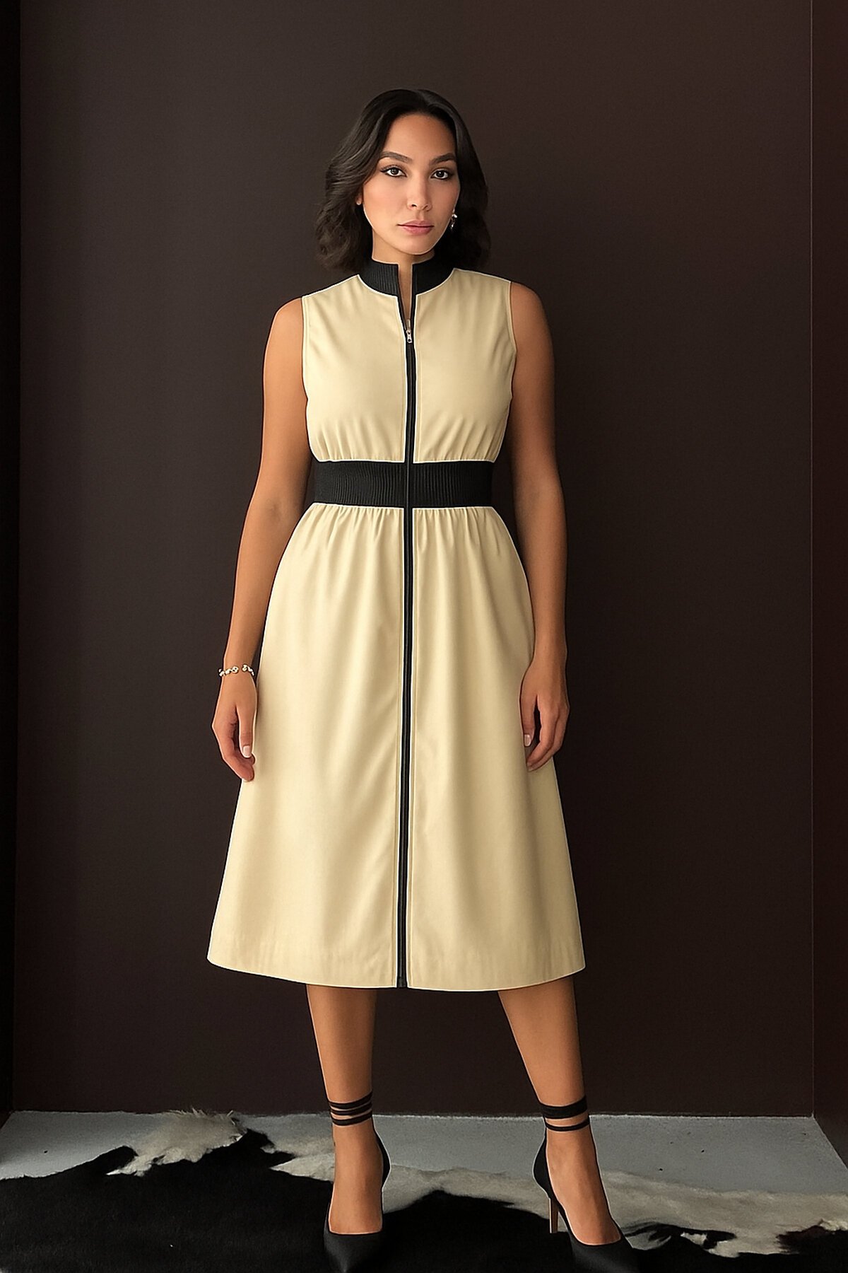 Kadın Dik Yaka Önü Fermuarlı Yırtmaçlı Baharlık Yazlık Beli Lastikli Şık Ceket Elbise