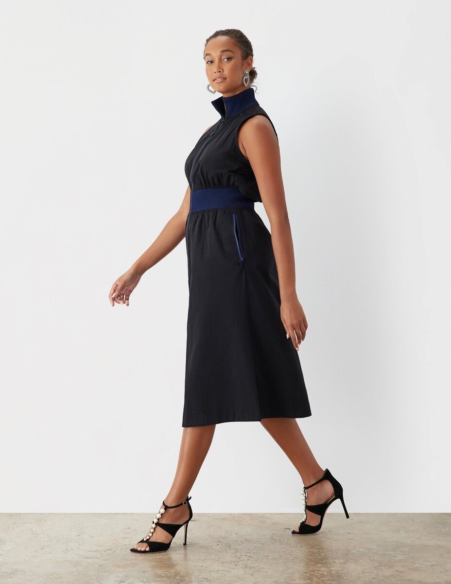 Kadın Dik Yaka Önü Fermuarlı Yırtmaçlı Baharlık Yazlık Beli Lastikli Şık Ceket Elbise