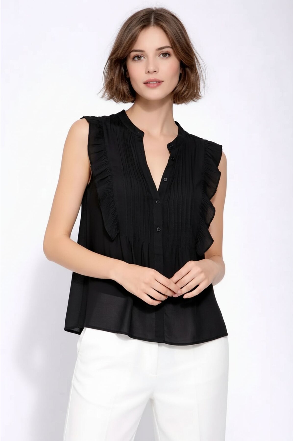 Kadın Dik Yaka Yarım Pat Düğmeli Fırfır Kol Şifon Şık Ofis Bluz