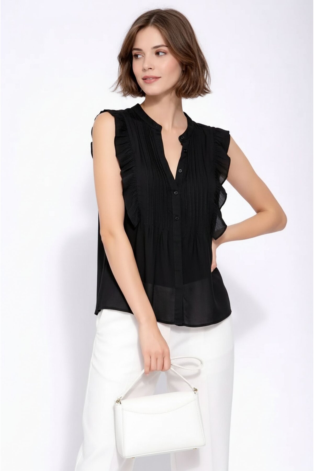 Kadın Dik Yaka Yarım Pat Düğmeli Fırfır Kol Şifon Şık Ofis Bluz