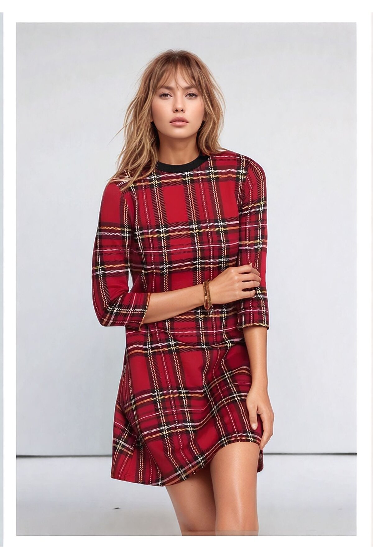 Kadın Ekose Desen Bisiklet Yaka Çan Etek Truvakar Kol Şık Casual Spor Curve Elbise