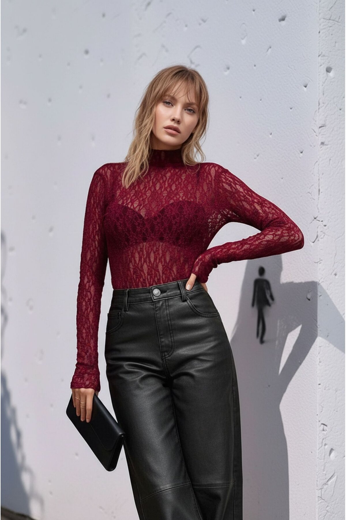 Kadın Esnek Desenli Dantel Spor Şık Tasarım Uzun Kol Gece Bluzu