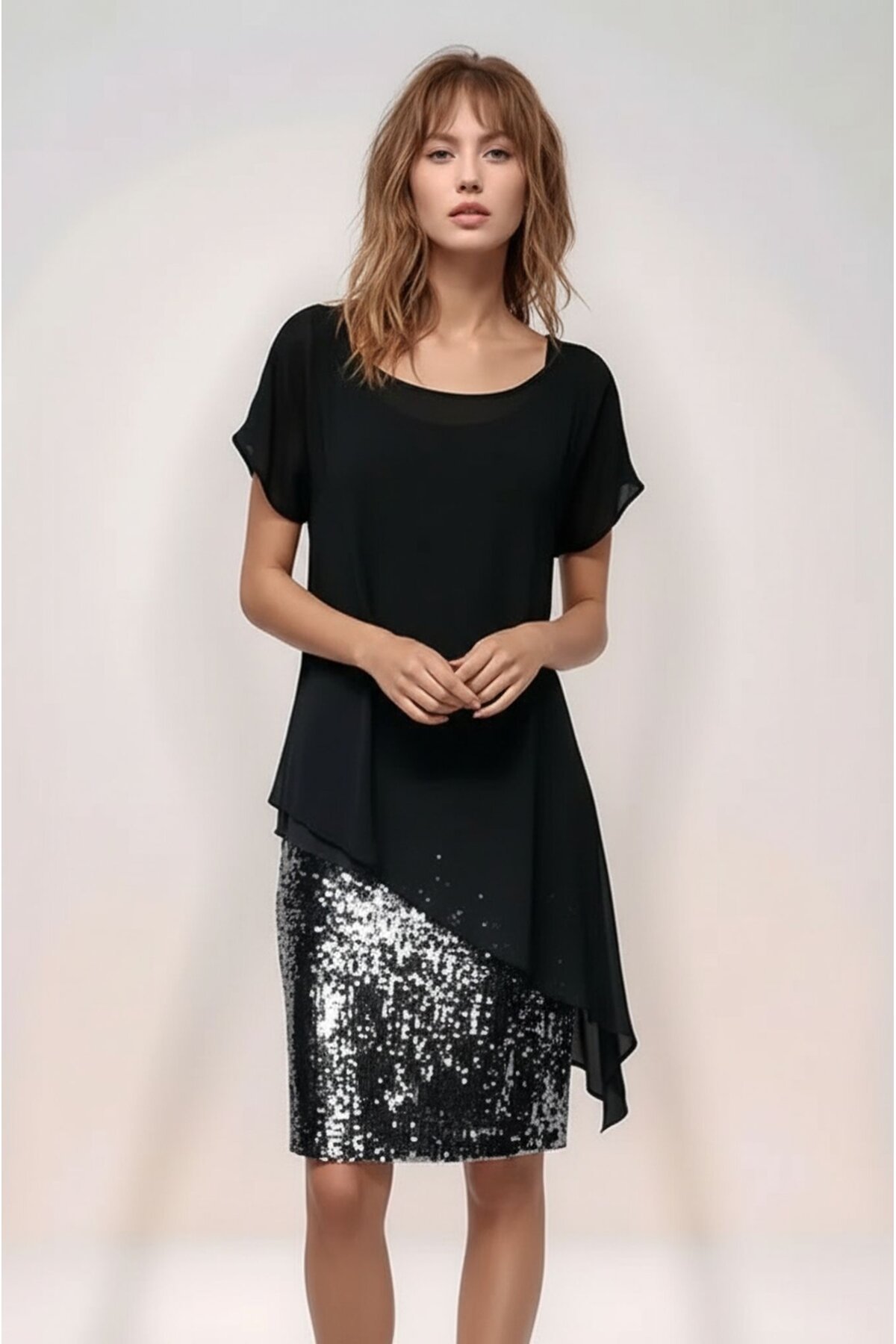 Kadın Eteği Pullu Üstü Şal Şifon Yakalı Şık Büyük Beden Yarım Kol Gece Abiye Elbise