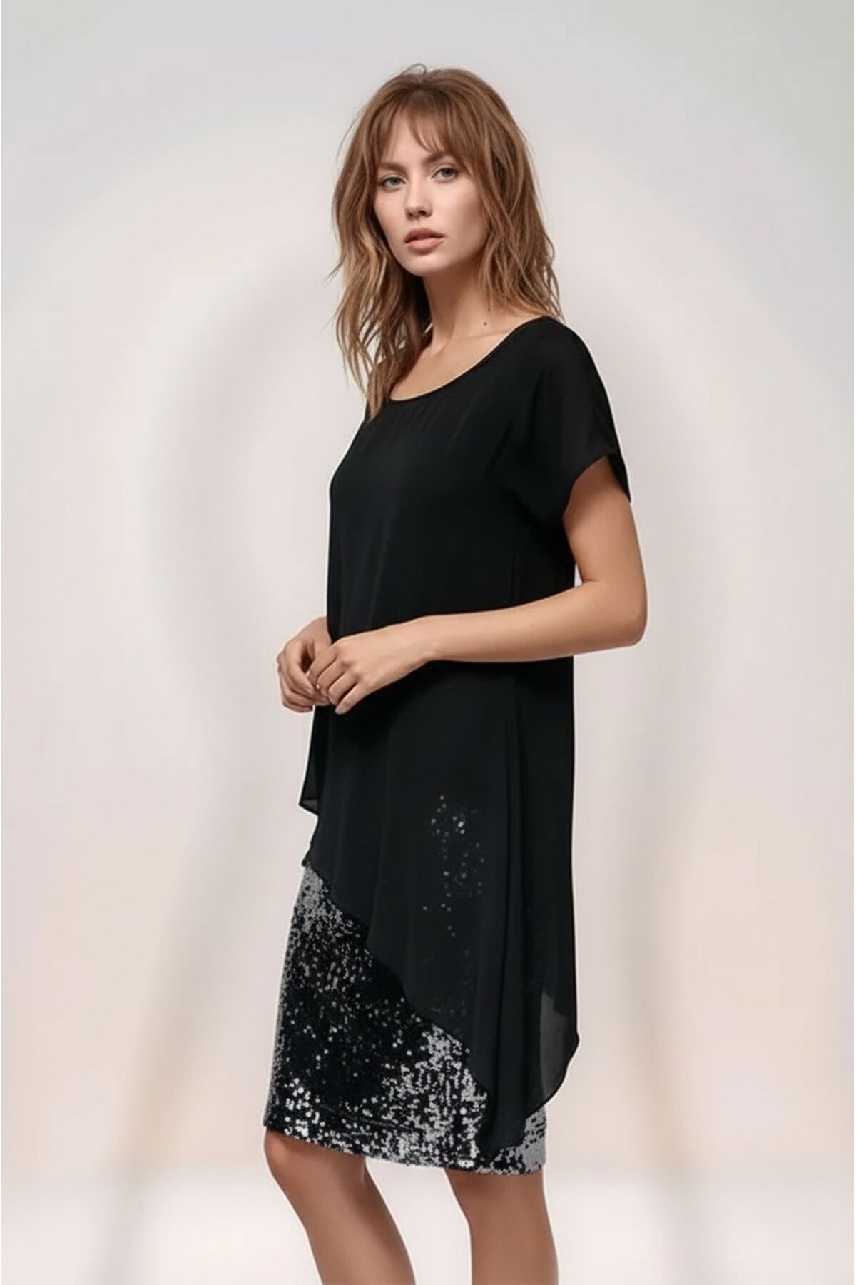 Kadın Eteği Pullu Üstü Şal Şifon Yakalı Şık Büyük Beden Yarım Kol Gece Abiye Elbise