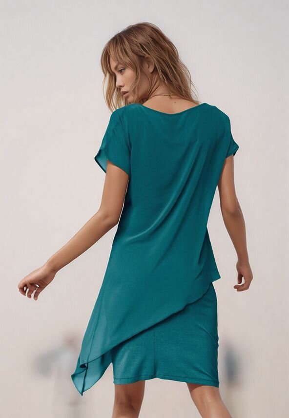 Kadın Eteği Pullu Üstü Şal Şifon Yakalı Şık Büyük Beden Yarım Kol Gece Abiye Elbise