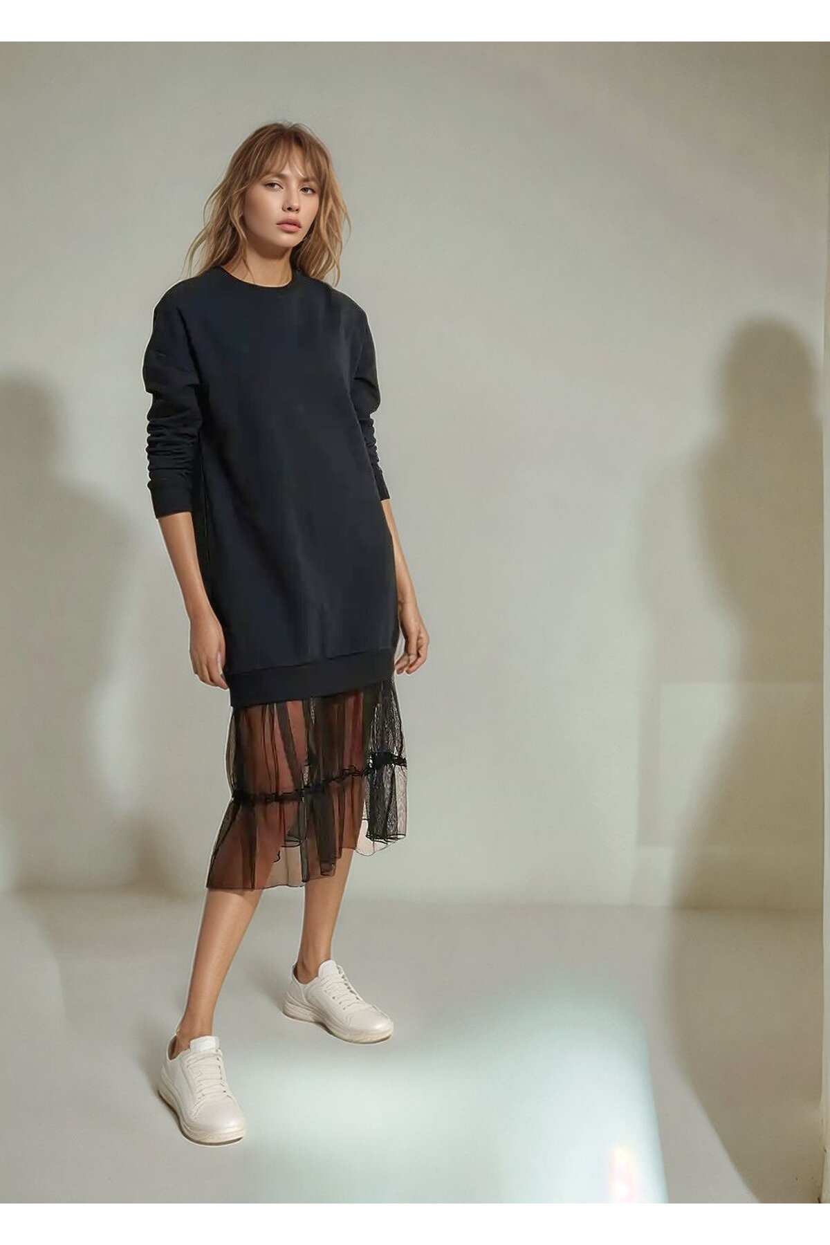 Kadın Eteği Tül Uzun Kol Pamuklu Spor Şık Sweat Curve Uzun Kol Büyük Beden Elbise