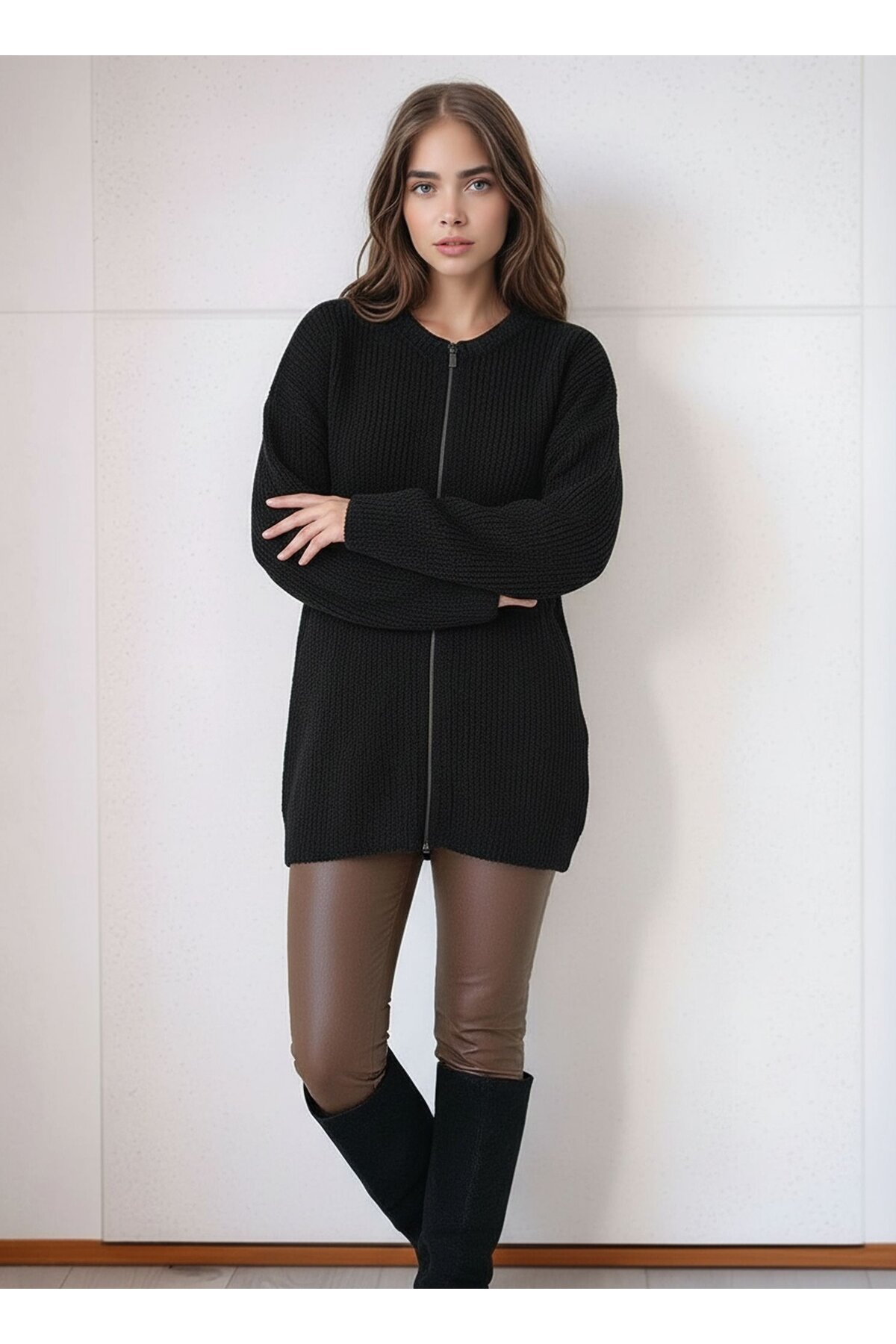 Kadın Fermuarlı Uzun Kol Spor Şık Tesettüre Uygun Büyük Beden Tunik Boy Ceket