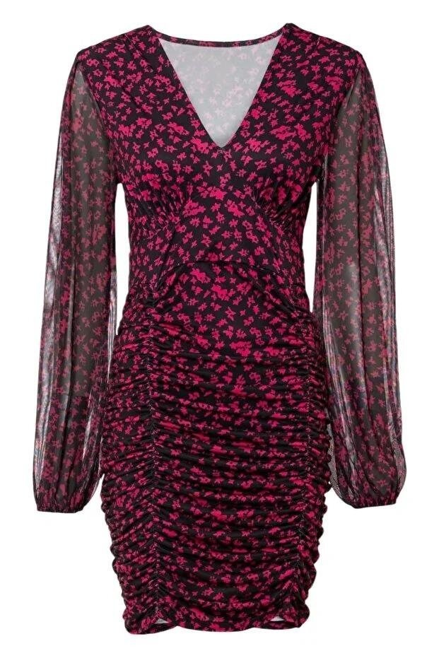 Kadın Fuşya Çiçek Desenli Kolları Tül Şifon Vücudu Saran Büzgülü Siyah Şık V Yaka Elbise