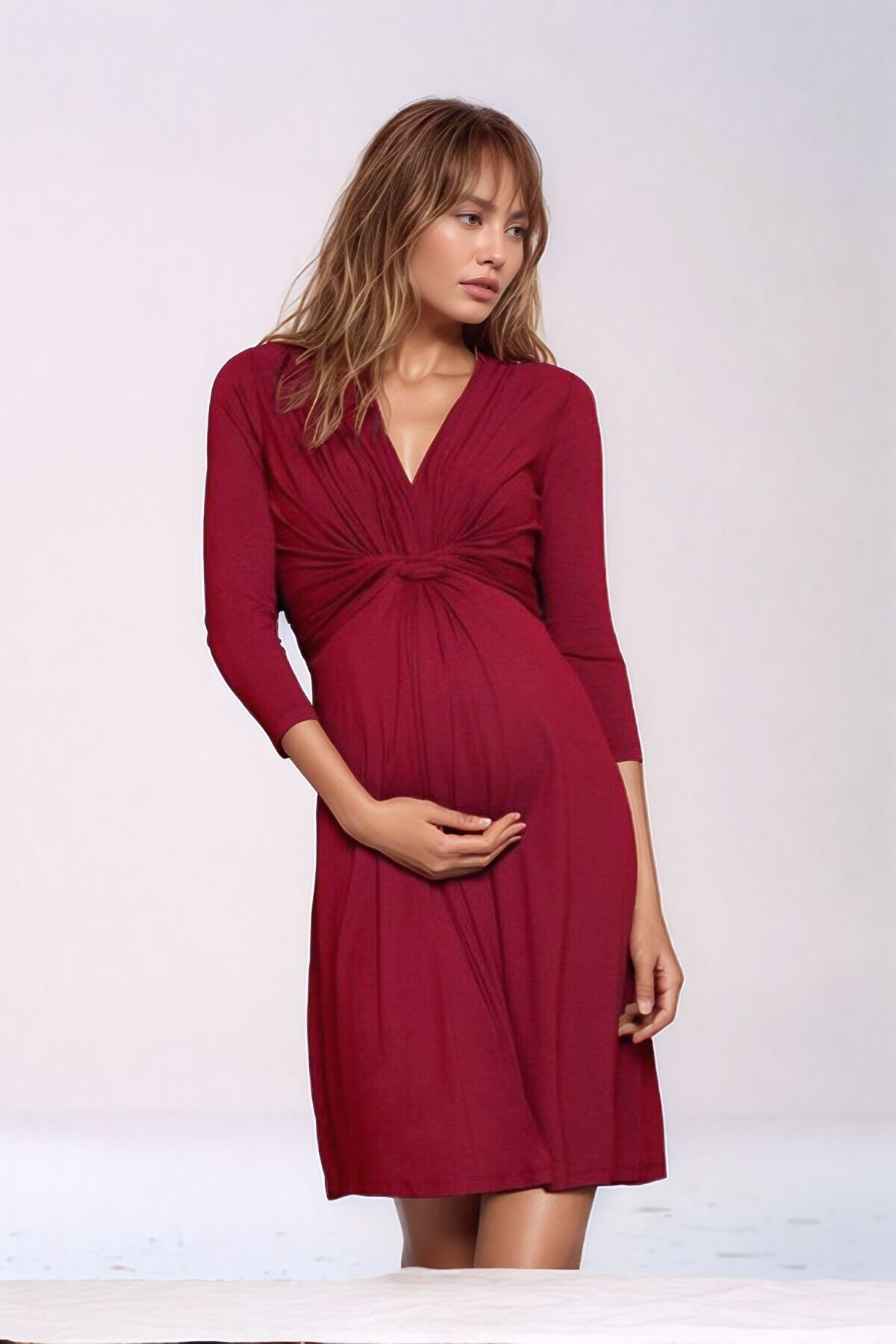 Kadın Göğüs Altında Düğüm Model Truvakar Kol Spor Şık Viskon Hamile Elbisesi