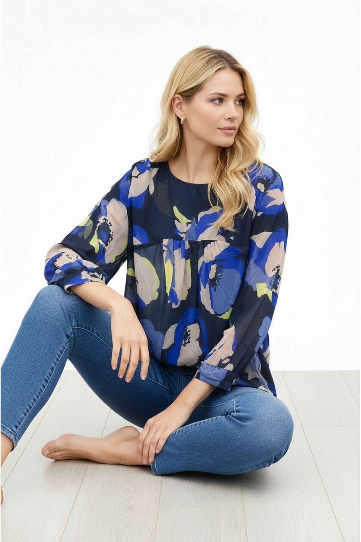 Kadın  Göğüsten Pileli Biiklet Yaka Şifon Curve Büyük Beden Spor Şık Desenli Bluz