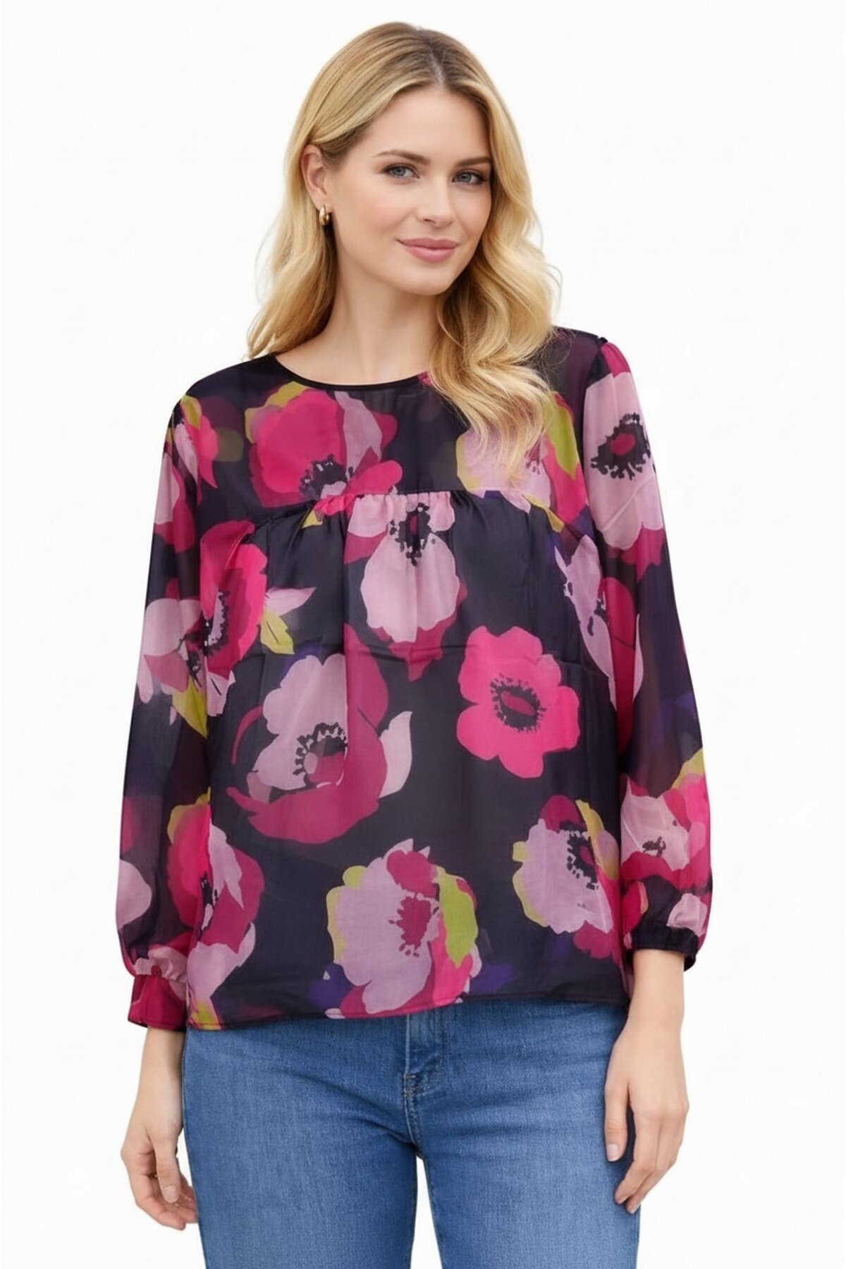Kadın  Göğüsten Pileli Biiklet Yaka Şifon Curve Büyük Beden Spor Şık Desenli Bluz