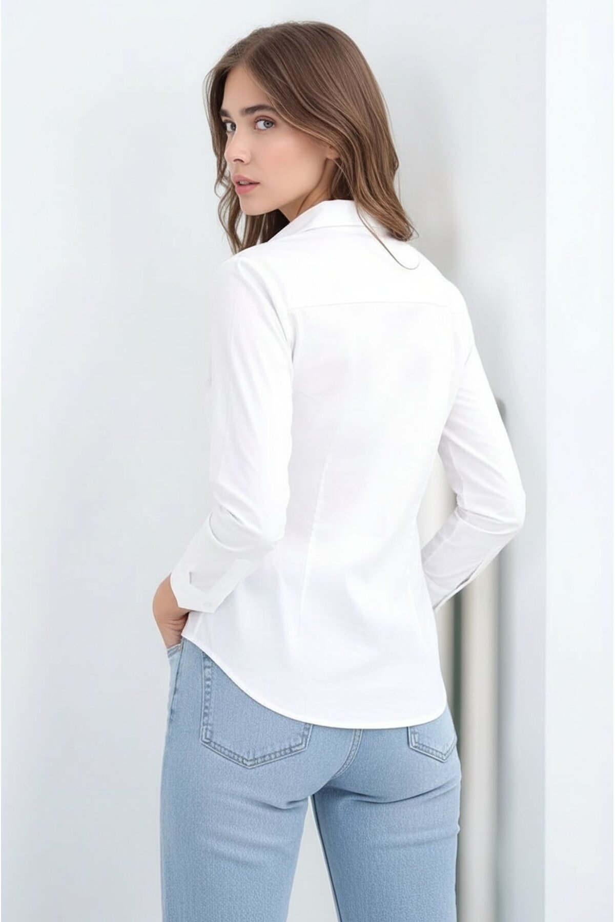 Kadın Gömlek Yaka Klasik Düz Düğmeli Tesettüre Uygun Uzun Kol Spor Şık İş Gömleği