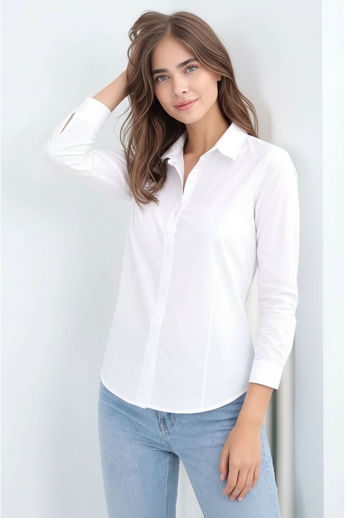 Kadın Gömlek Yaka Klasik Düz Düğmeli Tesettüre Uygun Uzun Kol Spor Şık İş Gömleği