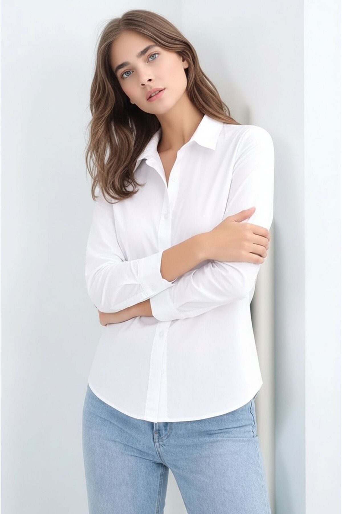 Kadın Gömlek Yaka Klasik Düz Düğmeli Tesettüre Uygun Uzun Kol Spor Şık İş Gömleği