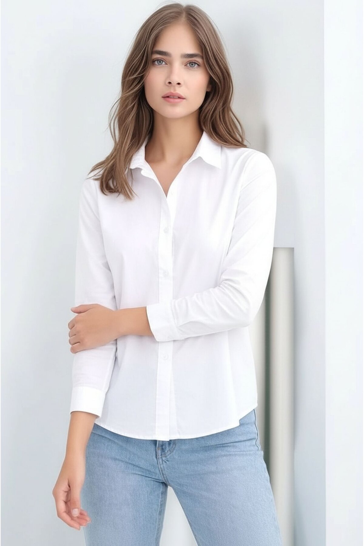 Kadın Gömlek Yaka Klasik Düz Düğmeli Tesettüre Uygun Uzun Kol Spor Şık İş Gömleği