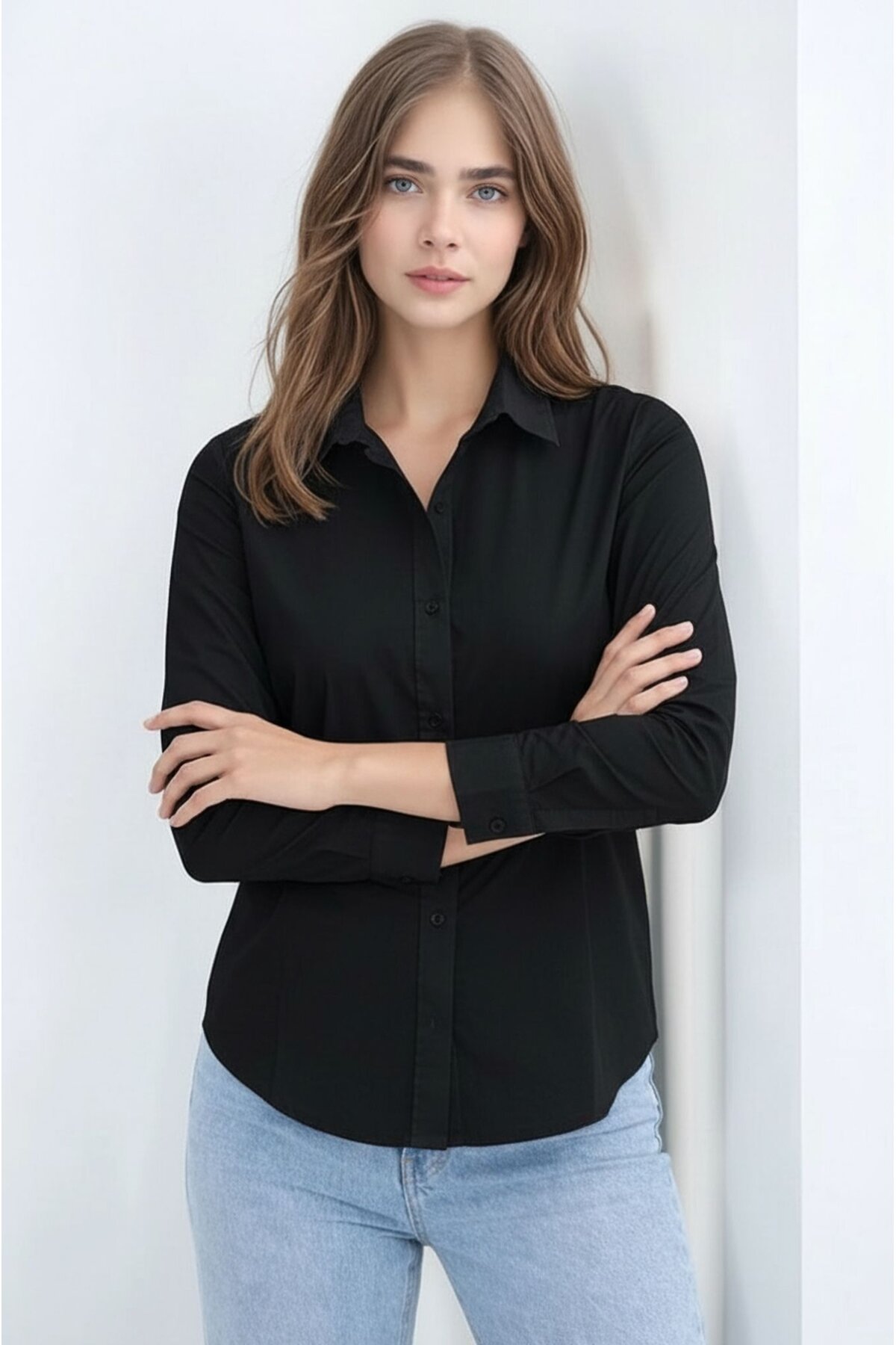 Kadın Gömlek Yaka Klasik Düz Düğmeli Tesettüre Uygun Uzun Kol Spor Şık İş Gömleği