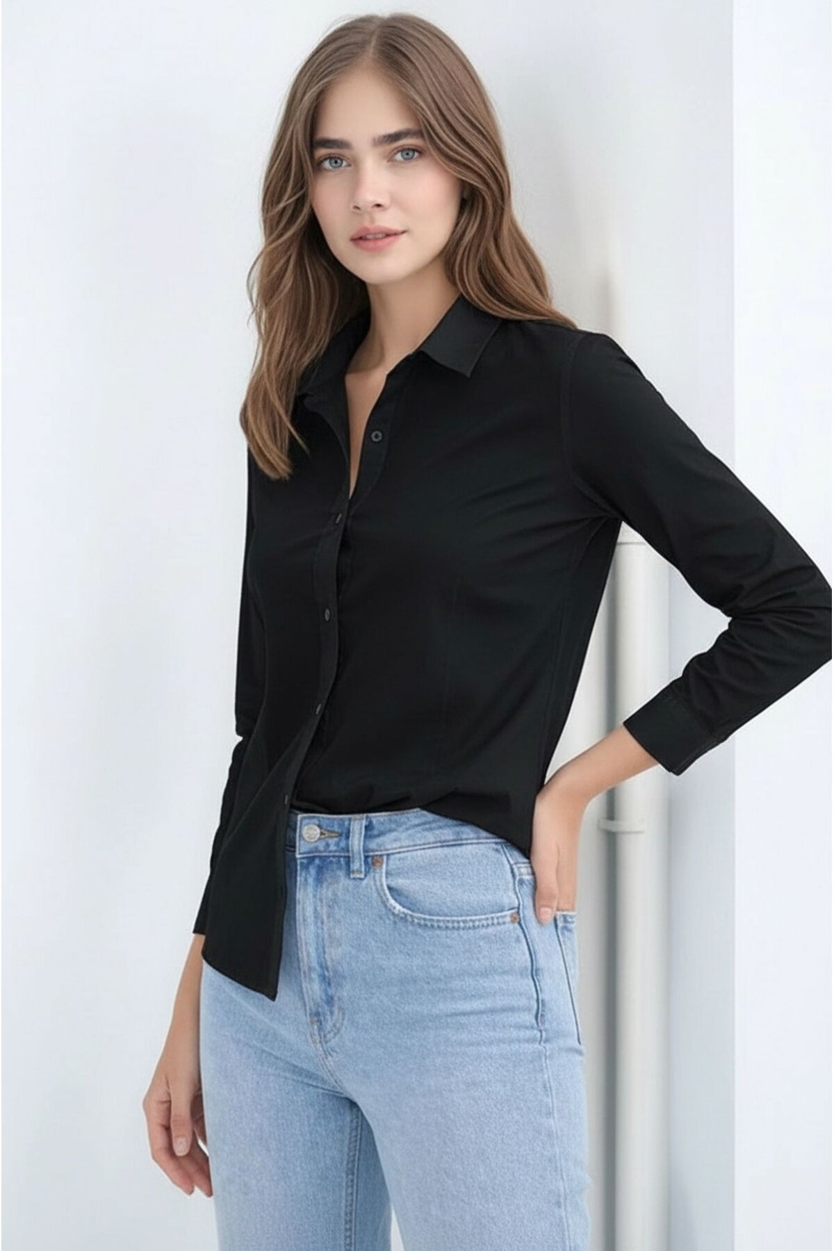 Kadın Gömlek Yaka Klasik Düz Düğmeli Tesettüre Uygun Uzun Kol Spor Şık İş Gömleği