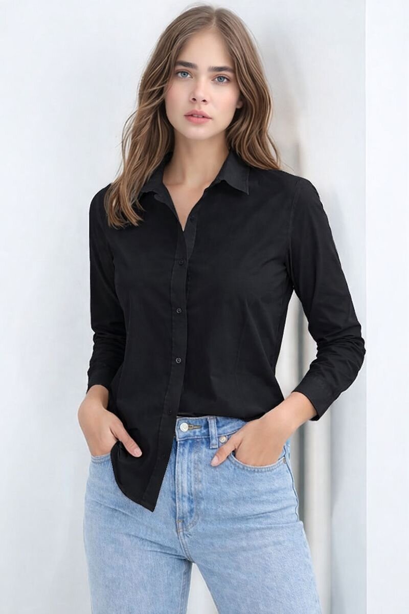 Kadın Gömlek Yaka Klasik Düz Düğmeli Tesettüre Uygun Uzun Kol Spor Şık İş Gömleği