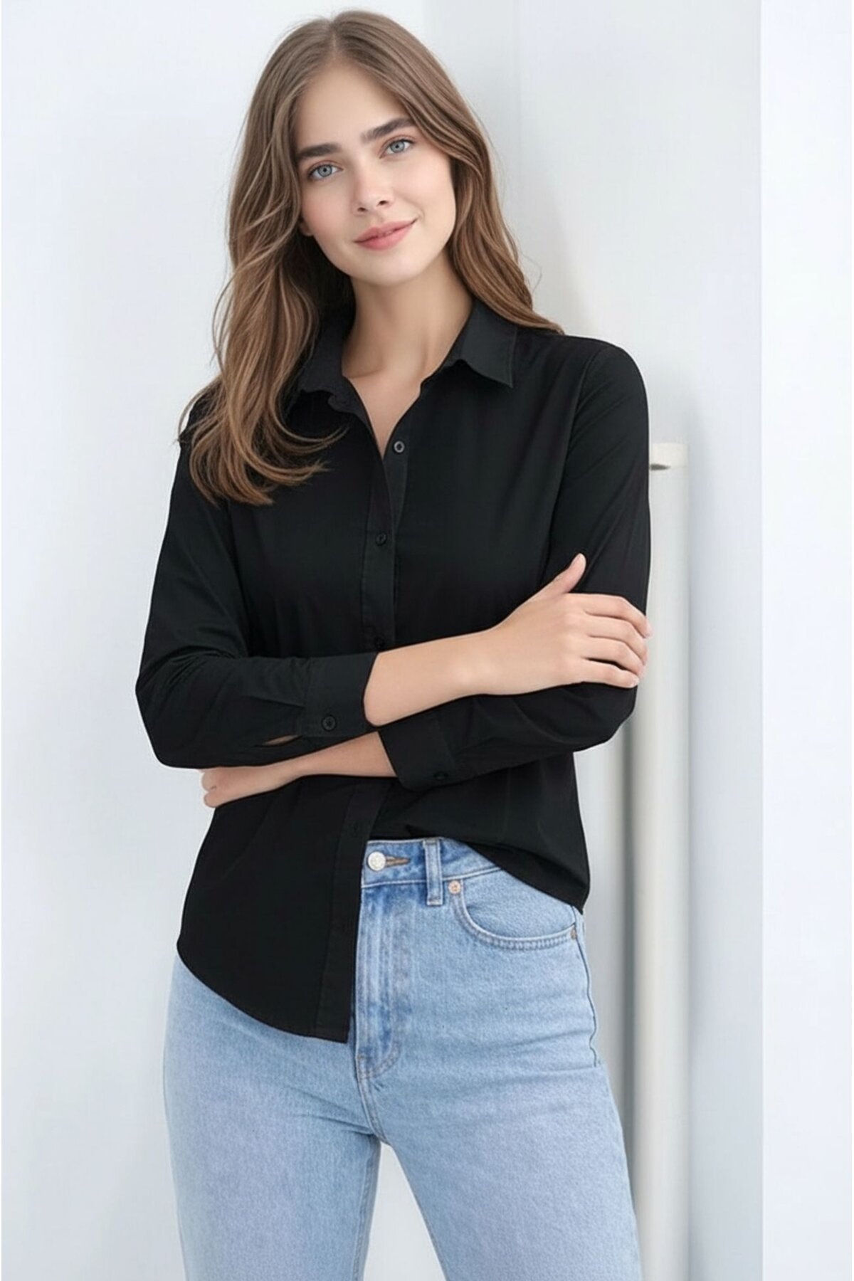 Kadın Gömlek Yaka Klasik Düz Düğmeli Tesettüre Uygun Uzun Kol Spor Şık İş Gömleği