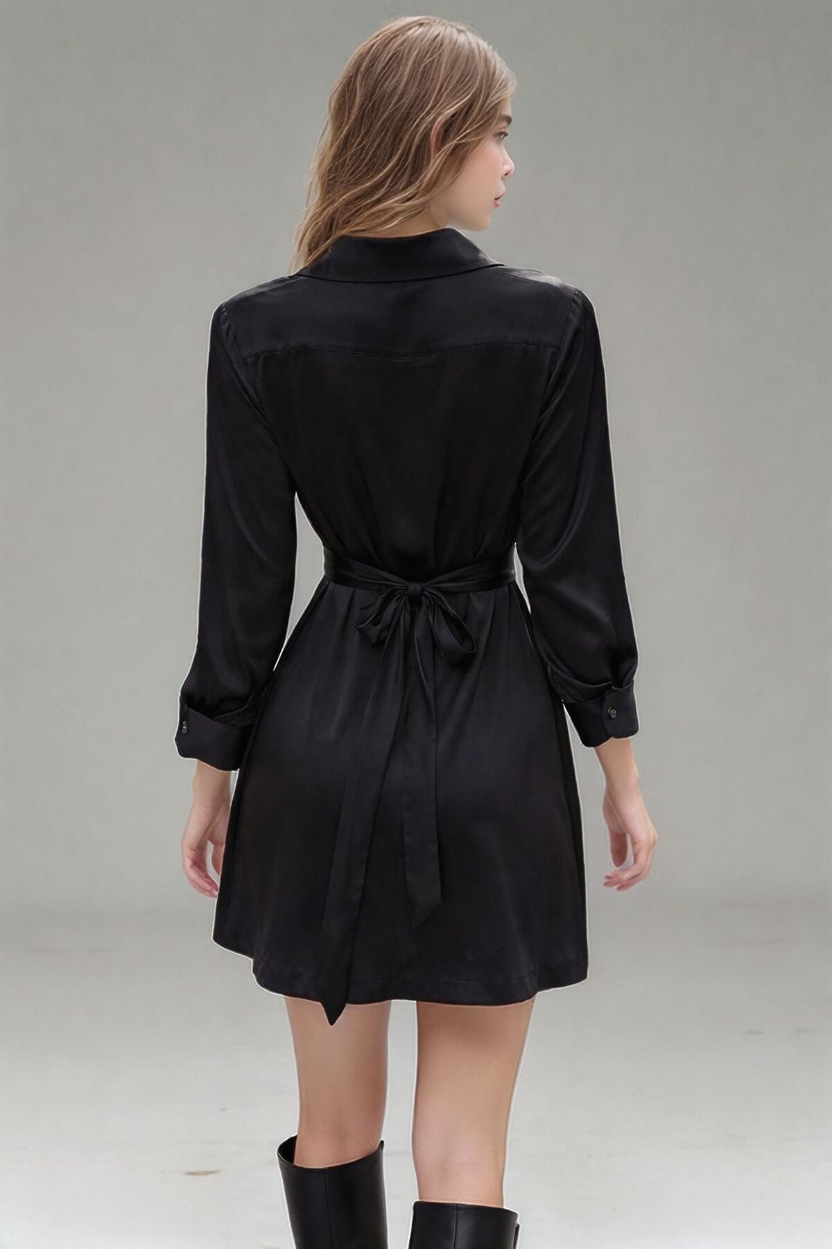 Kadın Gömlek Yaka Önden Düğmeli Uzun Kol Dar Kalıp Dokuma Saten Şık Elbise