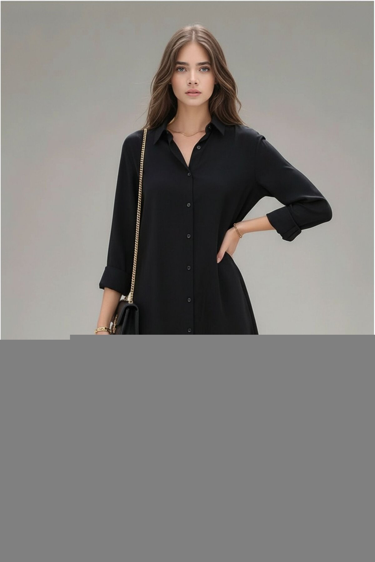 Kadın Gömlek Yaka Önden Düğmeli Uzun Kol Dar Kalıp Dokuma Saten Şık Elbise