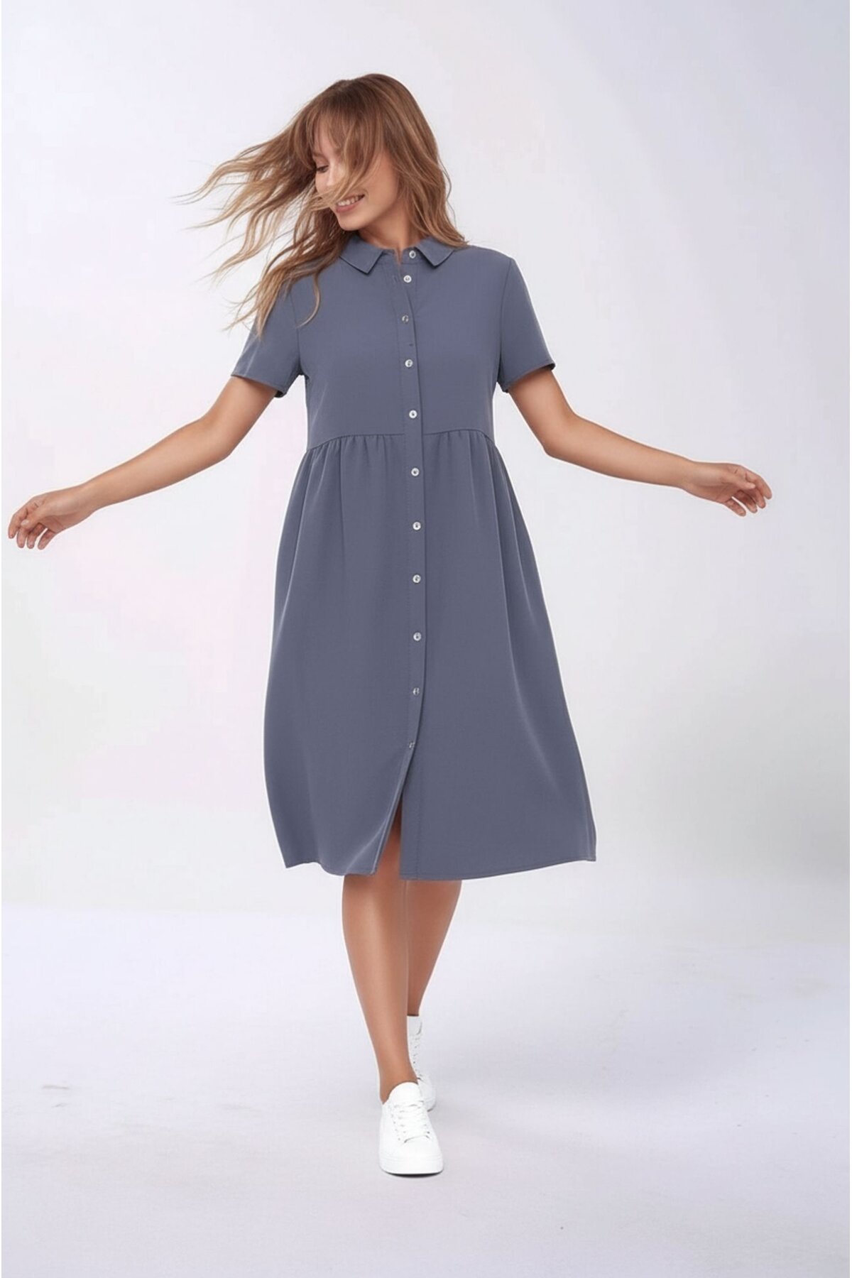 Kadın Gömlek Yaka Önden Düğmeli Yarım Kol Büyük Beden Curve Hamile Günlük Elbise