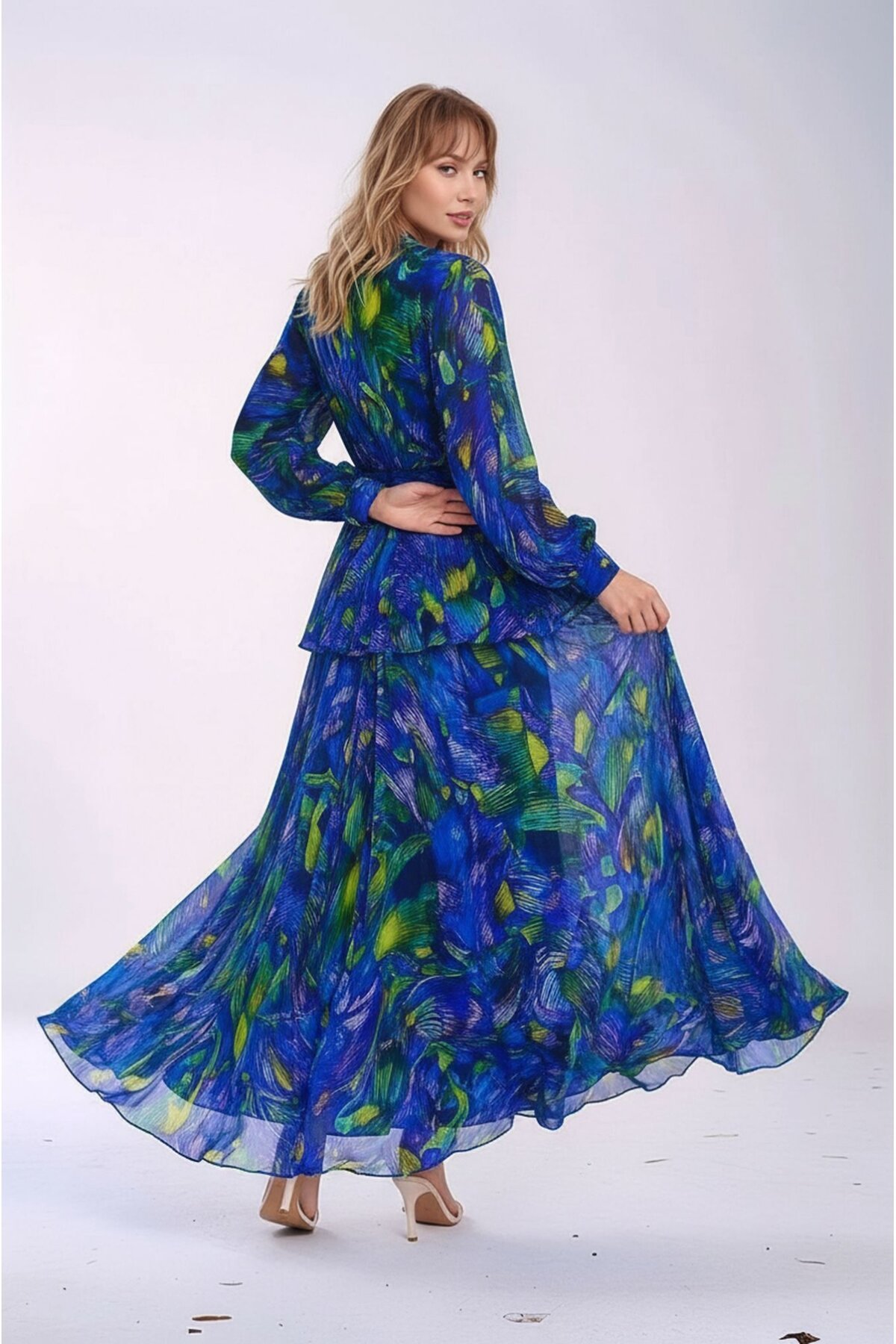 Kadın Gömlek Yaka Tül Şifon Beli Asimetrik Katlı Tesesttüre Uygun Maxi Boy Uzun Kol Abiye Elbise