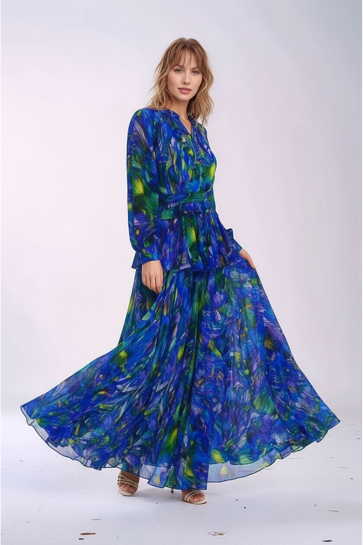 Kadın Gömlek Yaka Tül Şifon Beli Asimetrik Katlı Tesesttüre Uygun Maxi Boy Uzun Kol Abiye Elbise