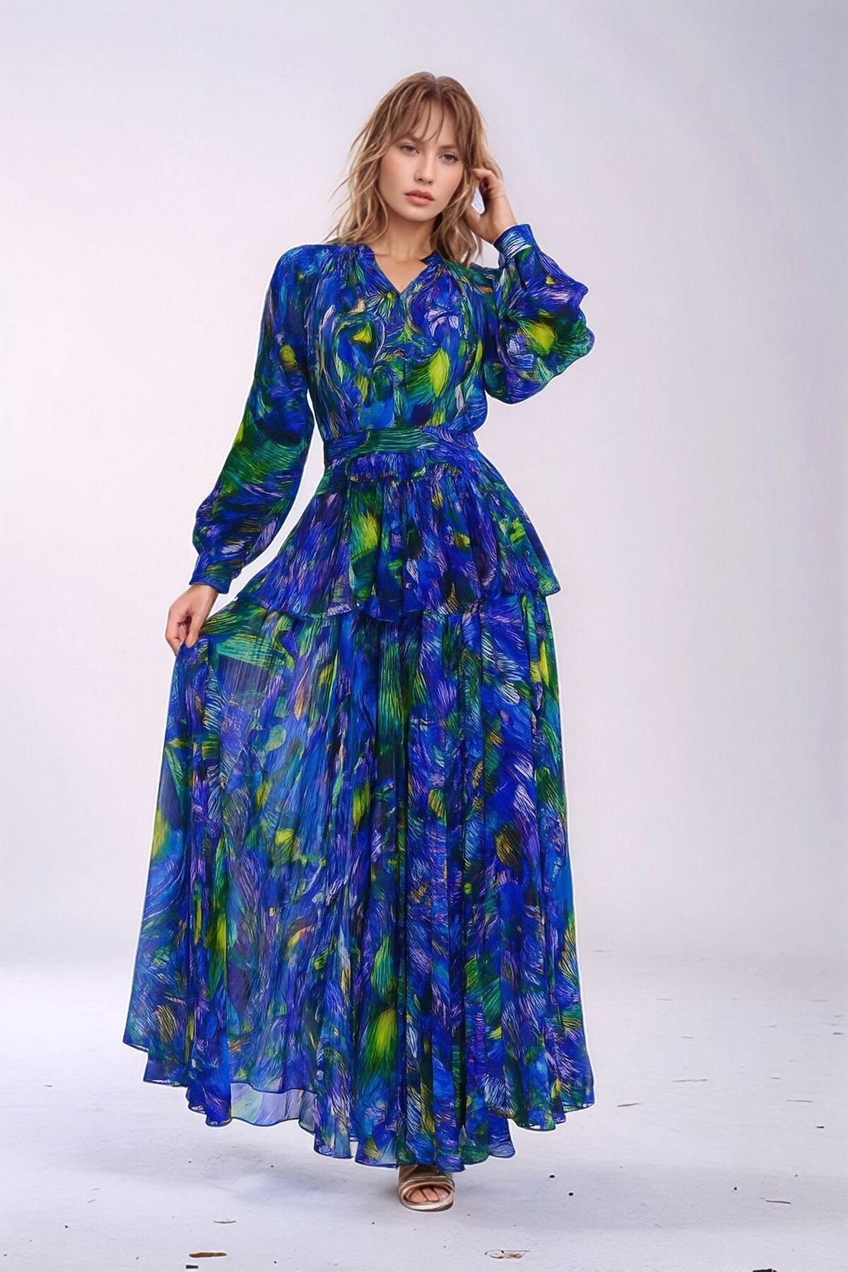 Kadın Gömlek Yaka Tül Şifon Beli Asimetrik Katlı Tesesttüre Uygun Maxi Boy Uzun Kol Abiye Elbise