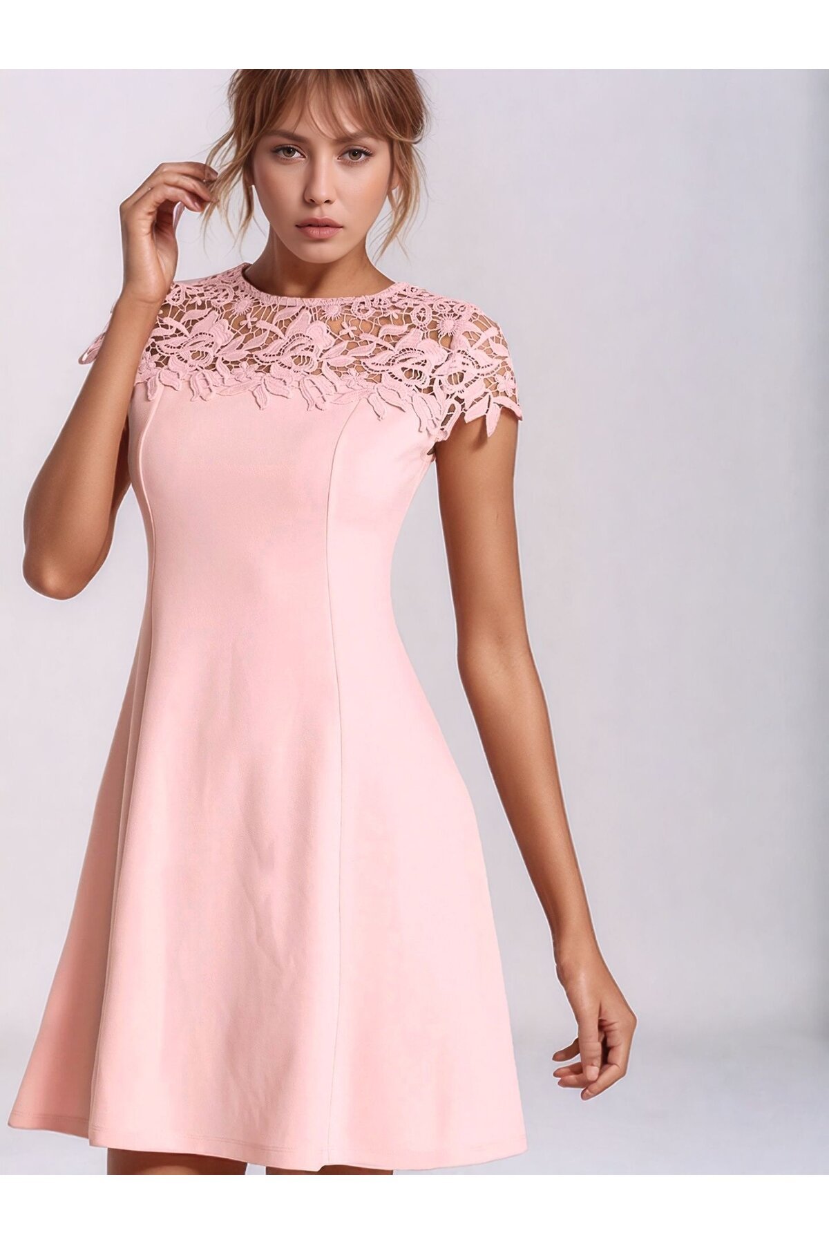 Kadın Güpür Çiçekli Yaka Çan Etekli Abiye Mezuniyet Şık Mini Elbise