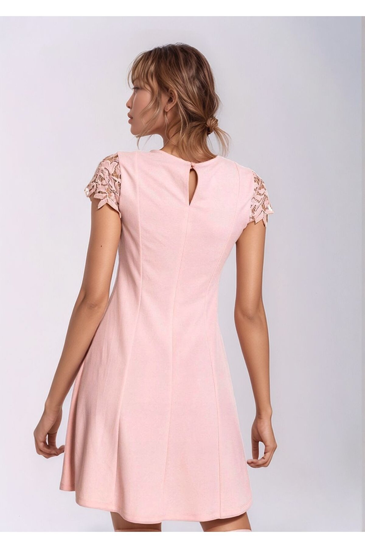 Kadın Güpür Çiçekli Yaka Çan Etekli Abiye Mezuniyet Şık Mini Elbise