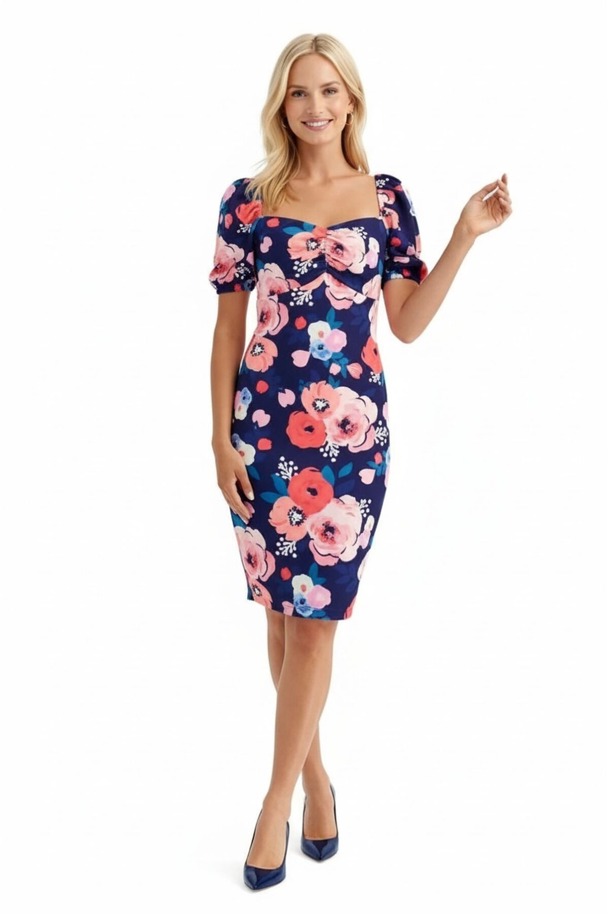 Kadın Kalp Yaka Balon Kol Önden Büzgü Çiçek Desen Asimetrik Etek Büyük Beden Curve Midi Boy Elbise