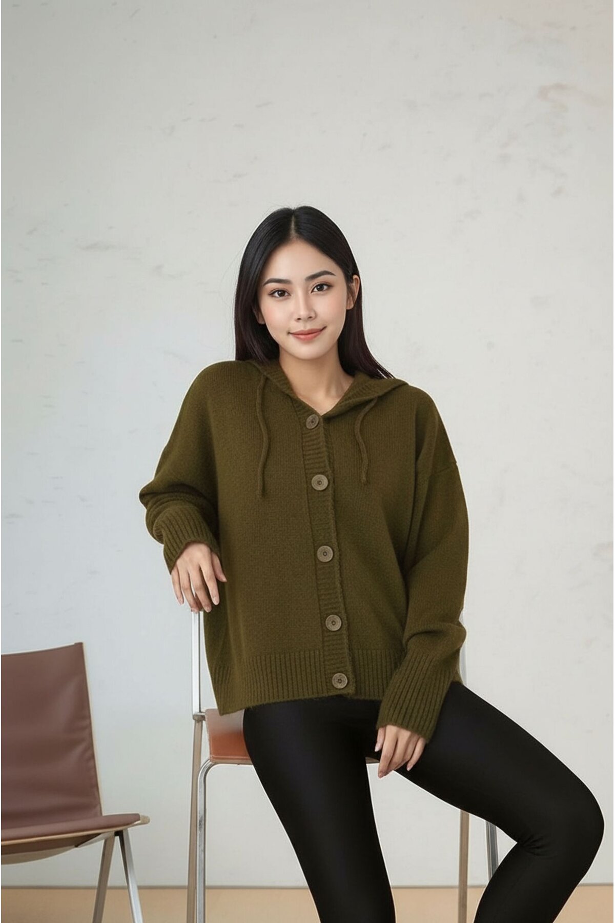 Kadın Kapüşonlu Önden Düğmeli Yumoş Triko Spor Şık Tesettüre Uygun Kışlık Ceket