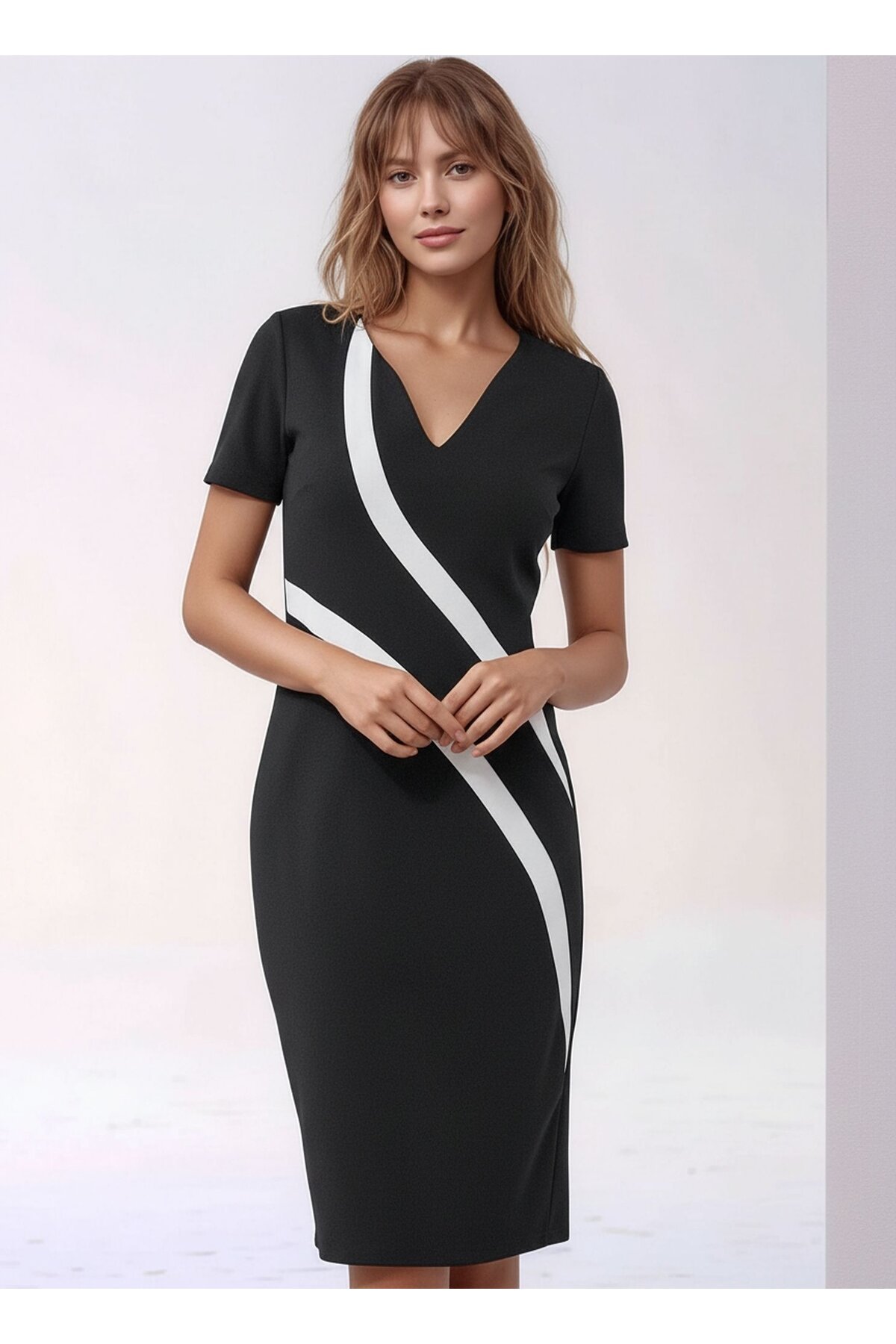 Kadın  V Yaka Kısa Kol Asimetrik Desen Şık Toparlayıcı Gece Gündüz Tasarım Elbise
