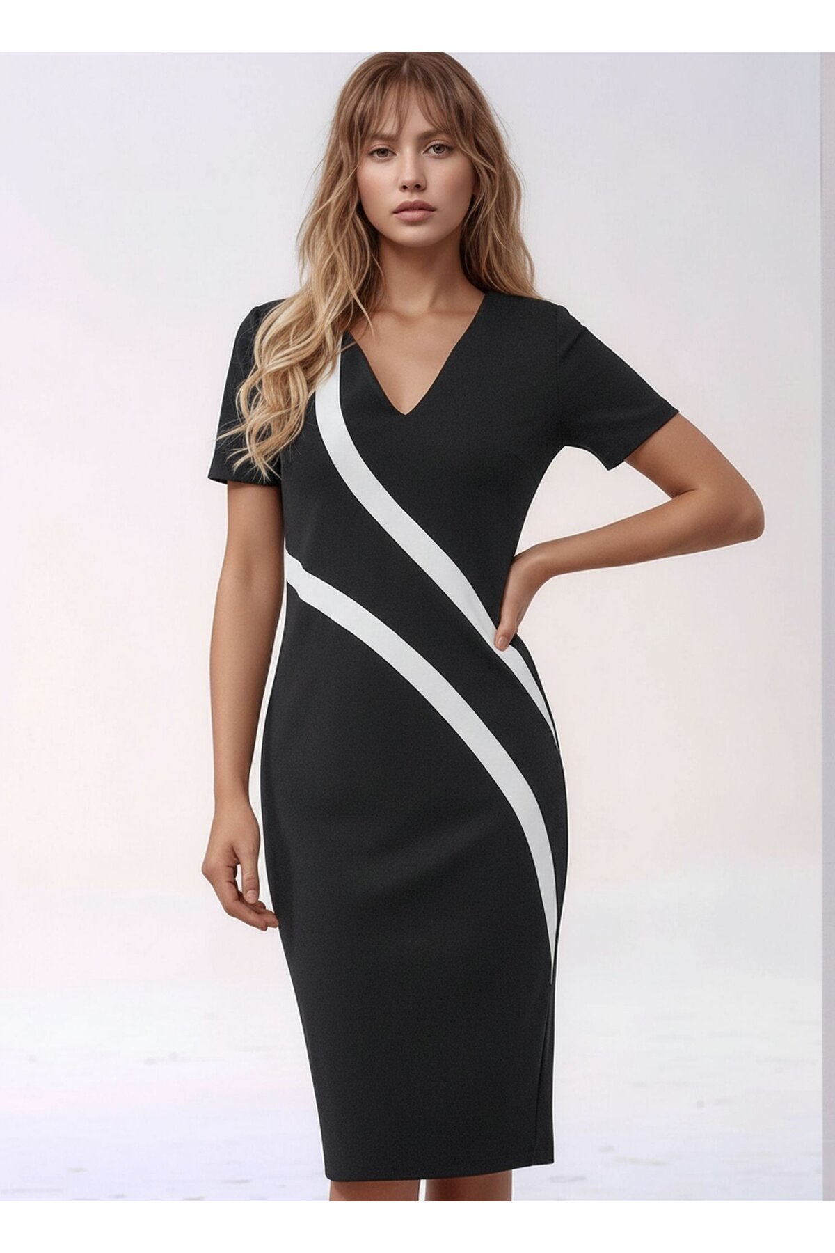 Kadın  V Yaka Kısa Kol Asimetrik Desen Şık Toparlayıcı Gece Gündüz Tasarım Elbise