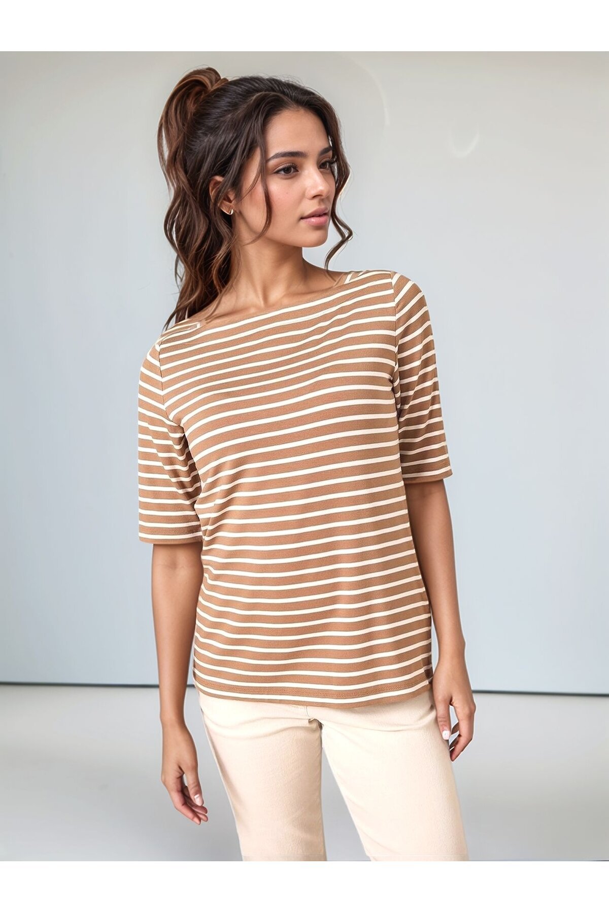 Kadın Kare Yaka Yarım Kol Çizgili Viskon Spor Şık Günlük Büyük Beden Curve Bluz