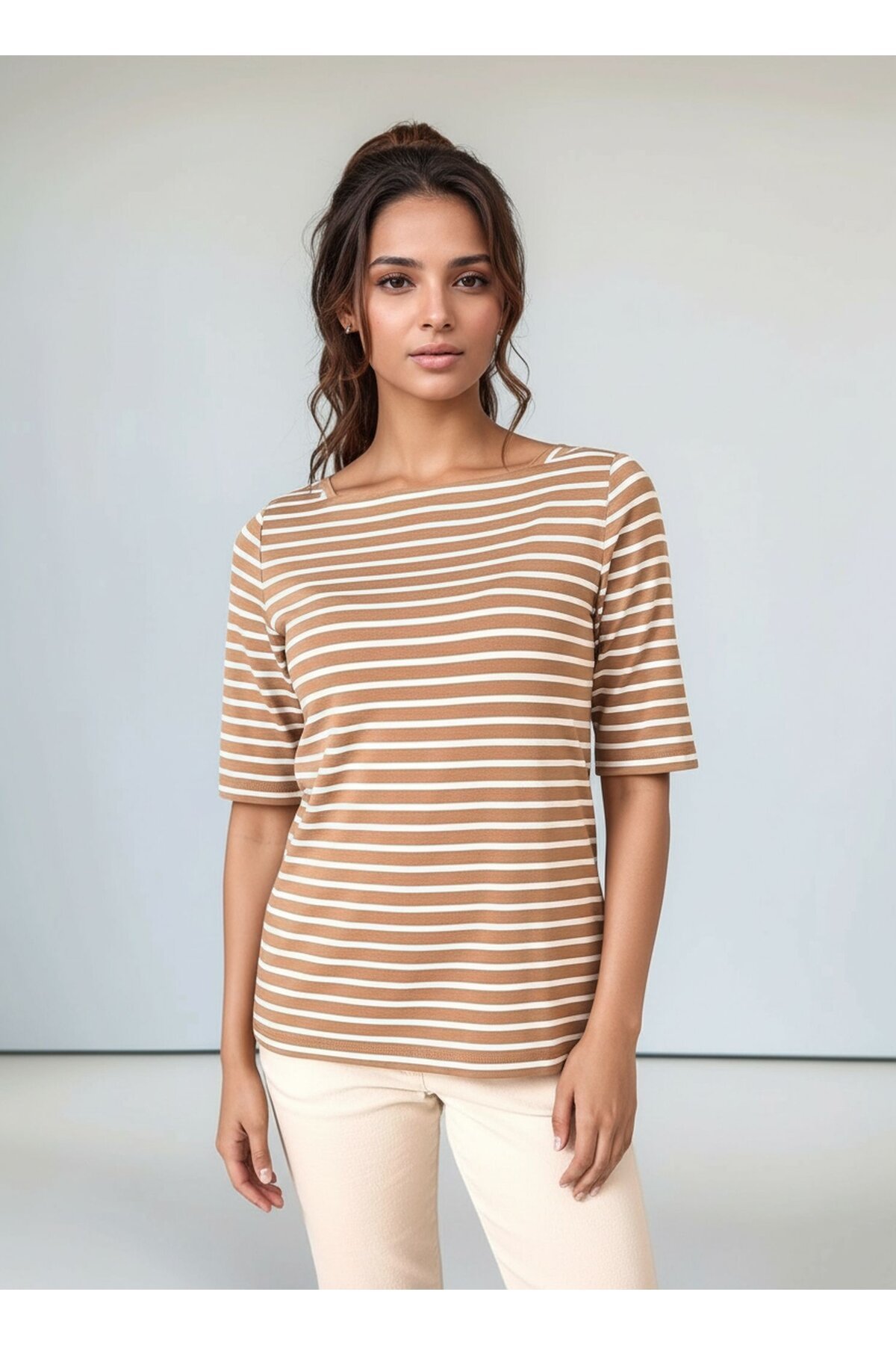 Kadın Kare Yaka Yarım Kol Çizgili Viskon Spor Şık Günlük Büyük Beden Curve Bluz