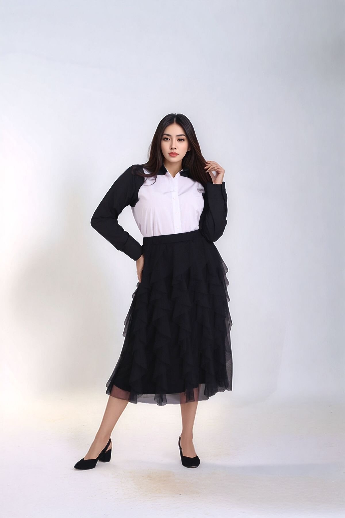 Kadın Katlı Tasarım Yüksek Bel Beli Lastikli Spor Şık Curve Büyük Beden Tül Etek