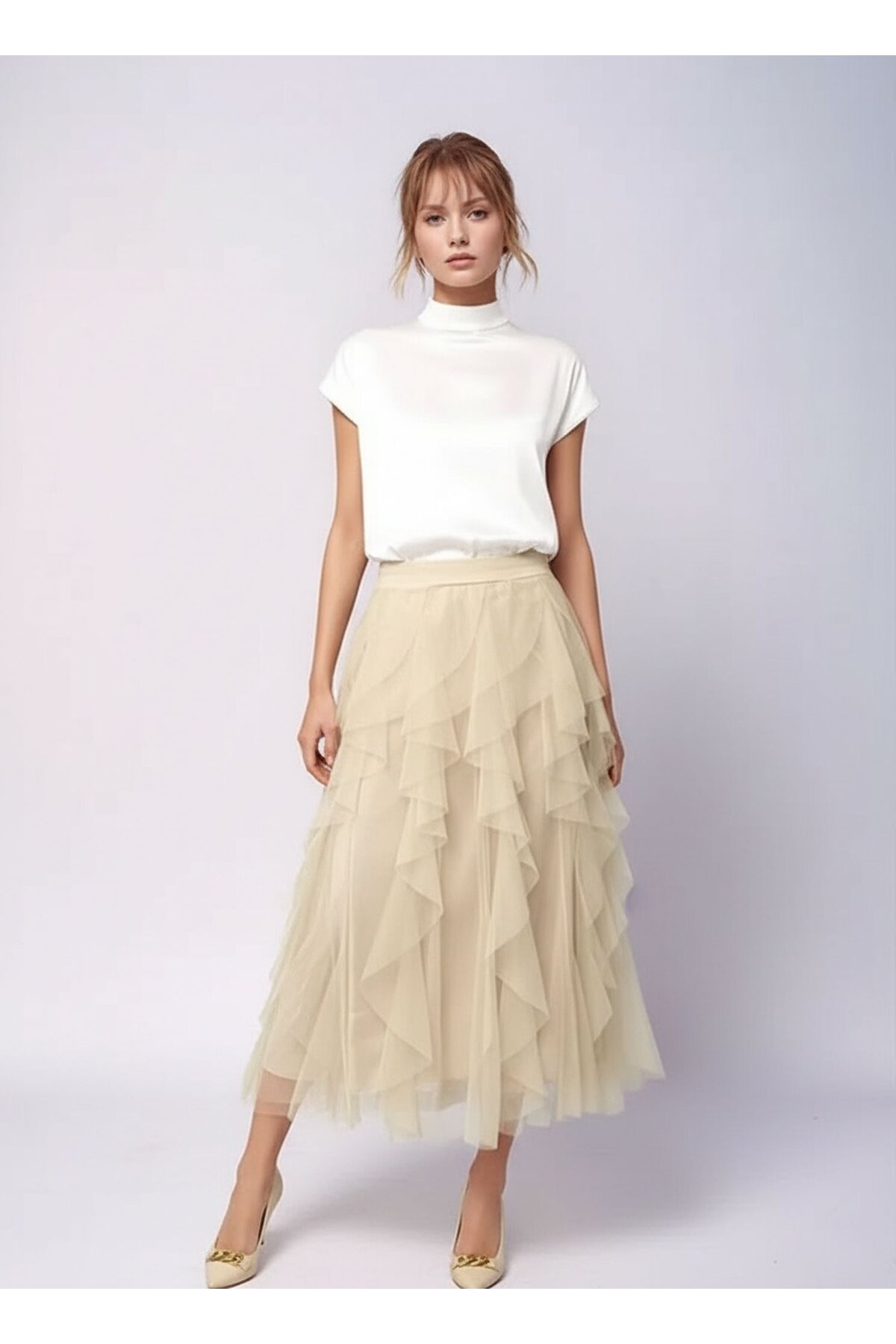 Kadın Katlı Tasarım Yüksek Bel Beli Lastikli Spor Şık Curve Büyük Beden Tül Etek