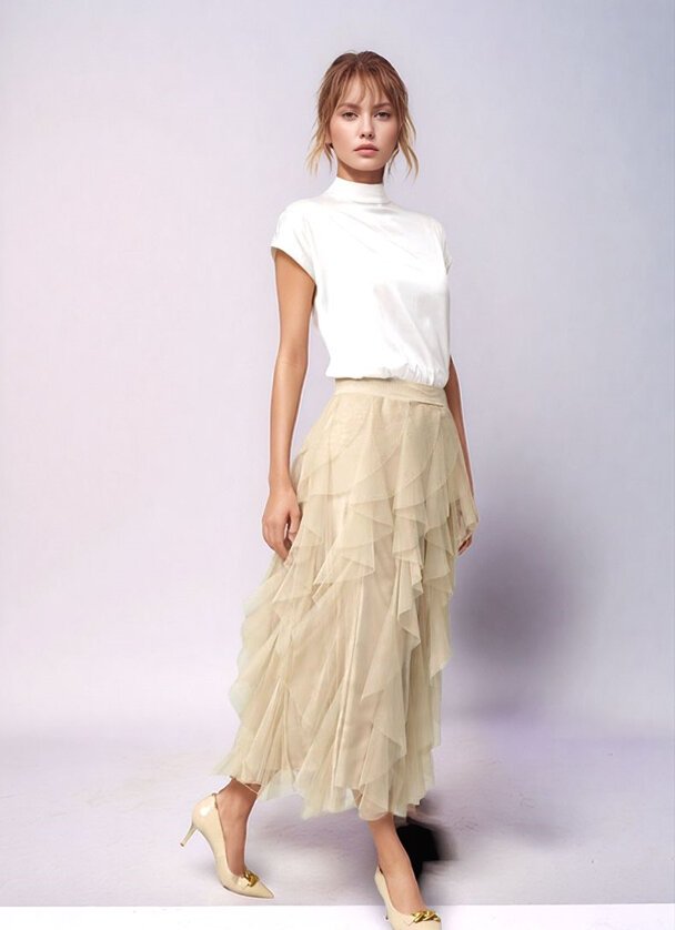 Kadın Katlı Tasarım Yüksek Bel Beli Lastikli Spor Şık Curve Büyük Beden Tül Etek