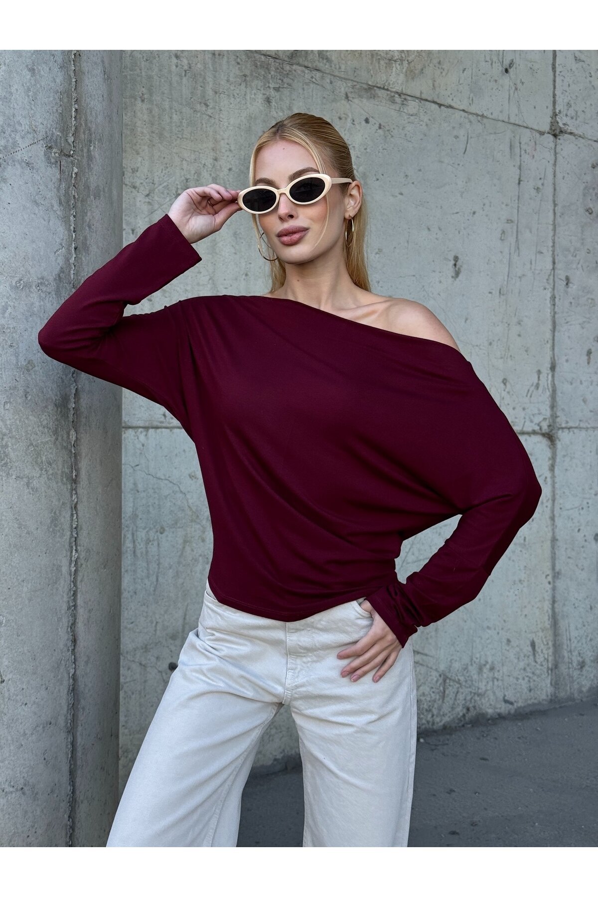 Kadın Kayık Yaka Full Esnek Asimetrik Kesim Comfort Spor Şık Tasarım Yumoş Bluz