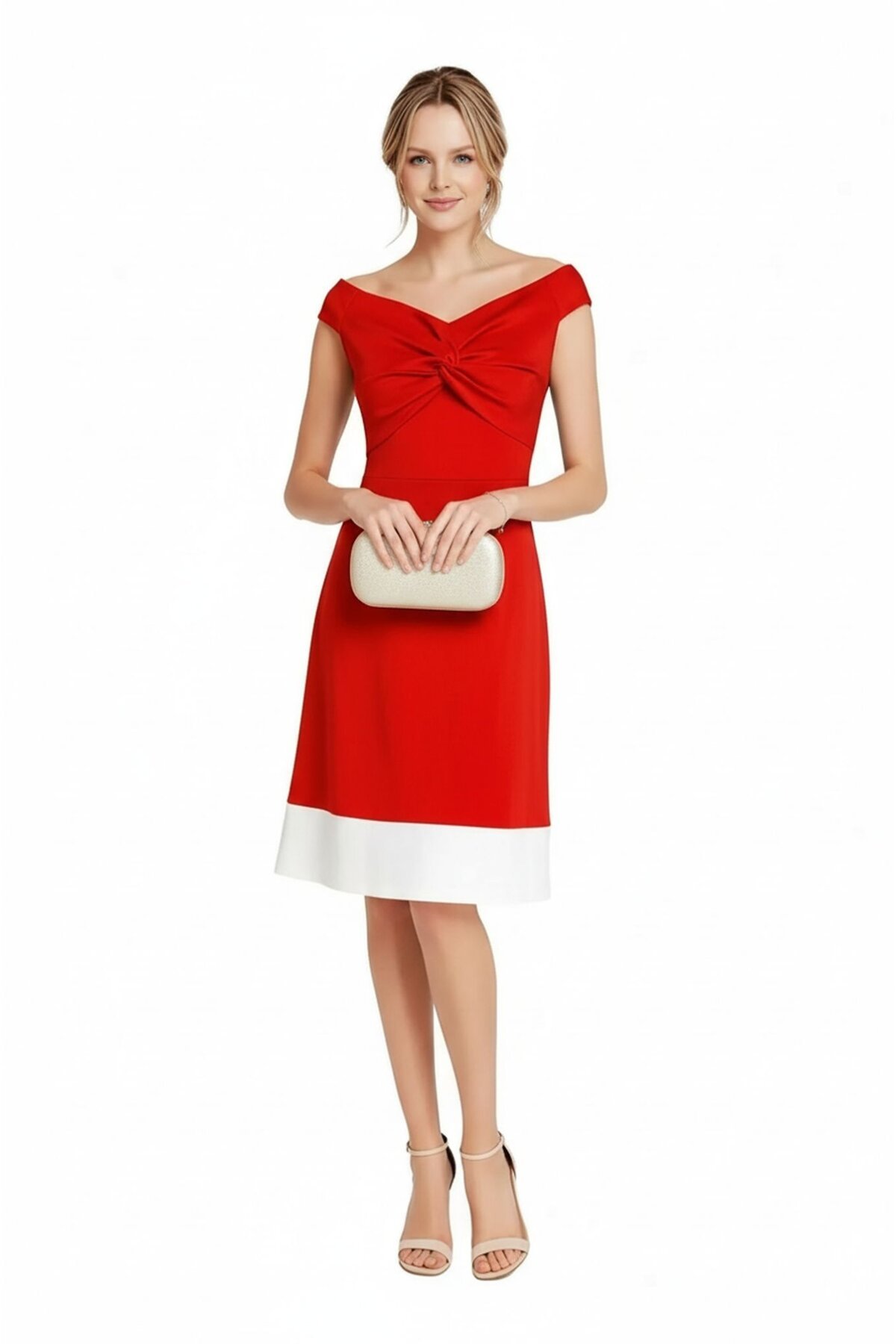 Kadın Kayık Yaka Kırmızı Volanlı Çan Kesim Şık Curve Gece Abiye/Mezuniyet Elbisesi
