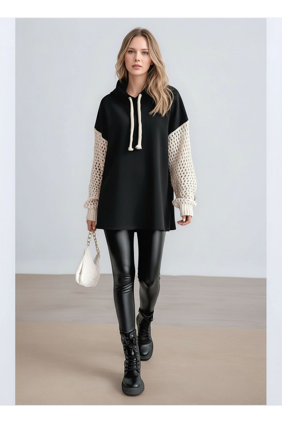 Kadın Kolları Örgü Triko Şık Tasarım Oversize Tunik Boy Zümrüt Yeşili Sweatshirt Kazak