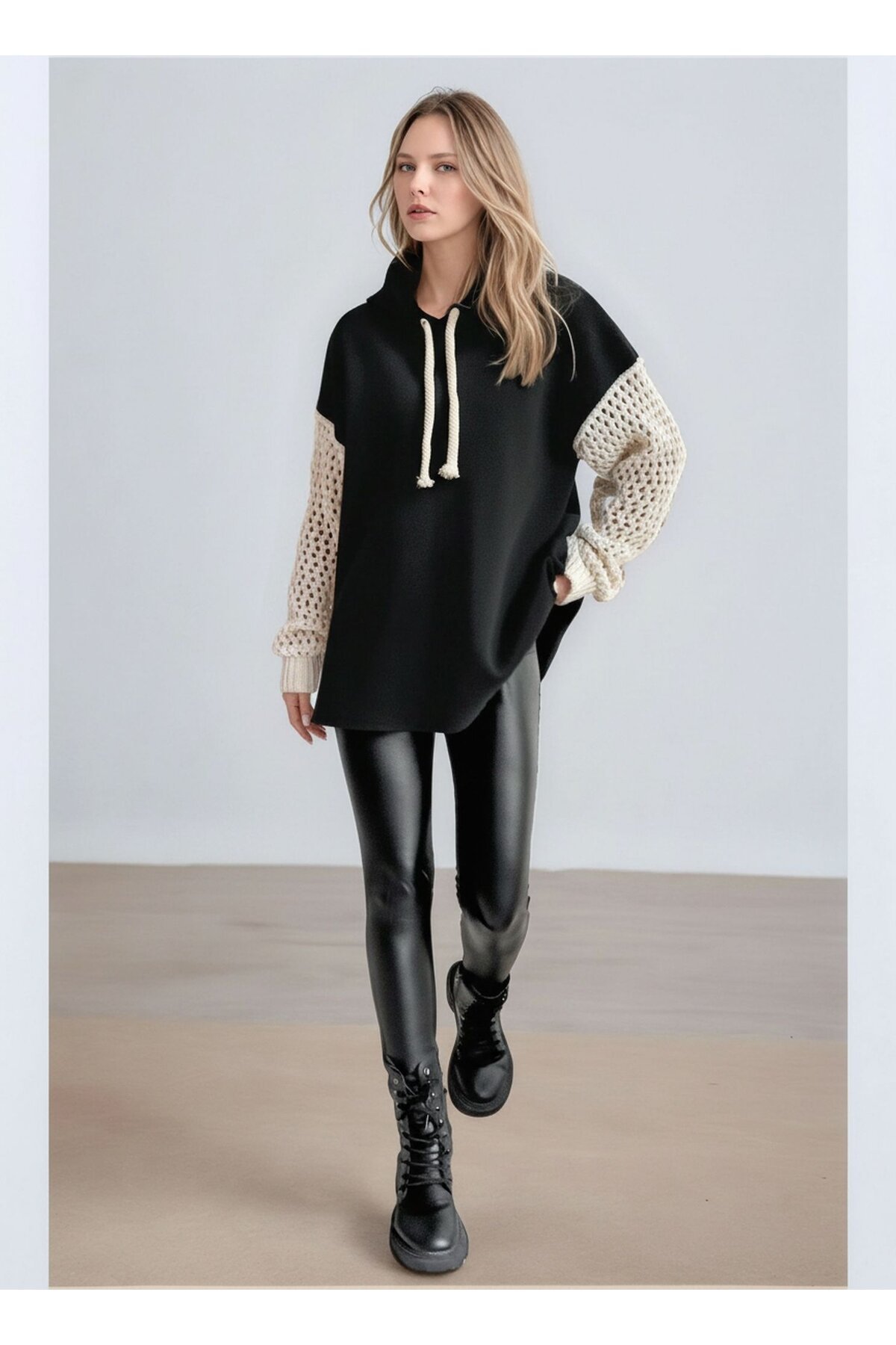 Kadın Kolları Örgü Triko Şık Tasarım Oversize Tunik Boy Zümrüt Yeşili Sweatshirt Kazak