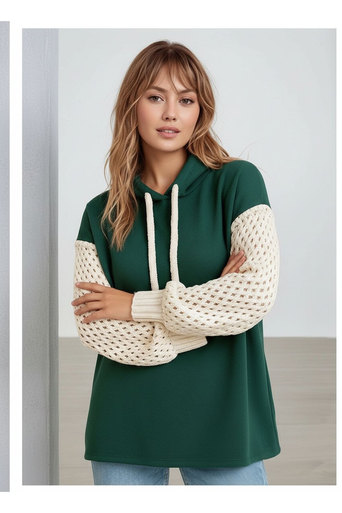 Kadın Kolları Örgü Triko Şık Tasarım Oversize Tunik Boy Zümrüt Yeşili Sweatshirt Kazak