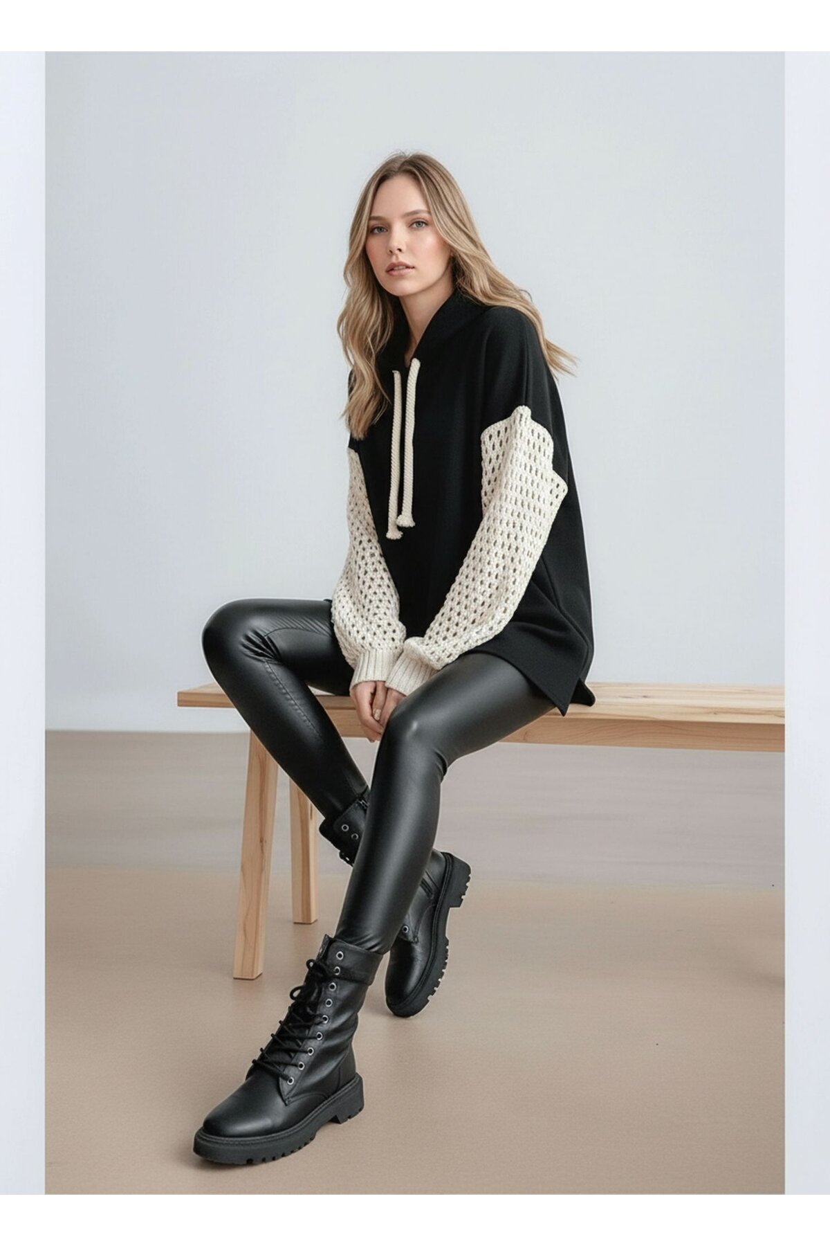 Kadın Kolları Örgü Triko Şık Tasarım Oversize Tunik Boy Zümrüt Yeşili Sweatshirt Kazak